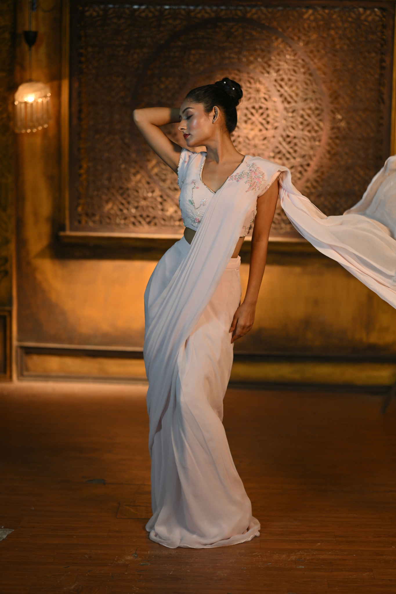 BABY PINK DRAPE SAREE WITH EMBROIDERED BLOUSE (Customize Request)