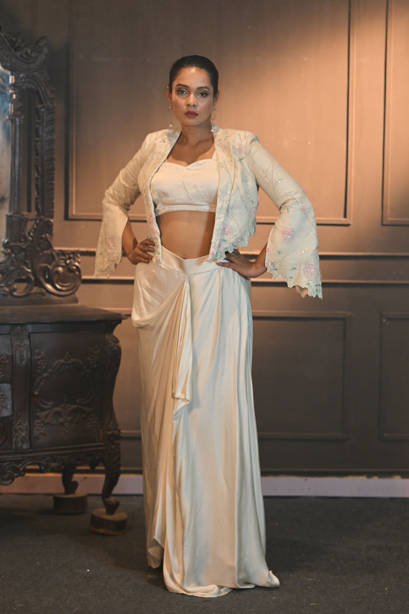 OFF-WHITE JACKET WITH BUSTIER AND DHOTI (Customize Request)