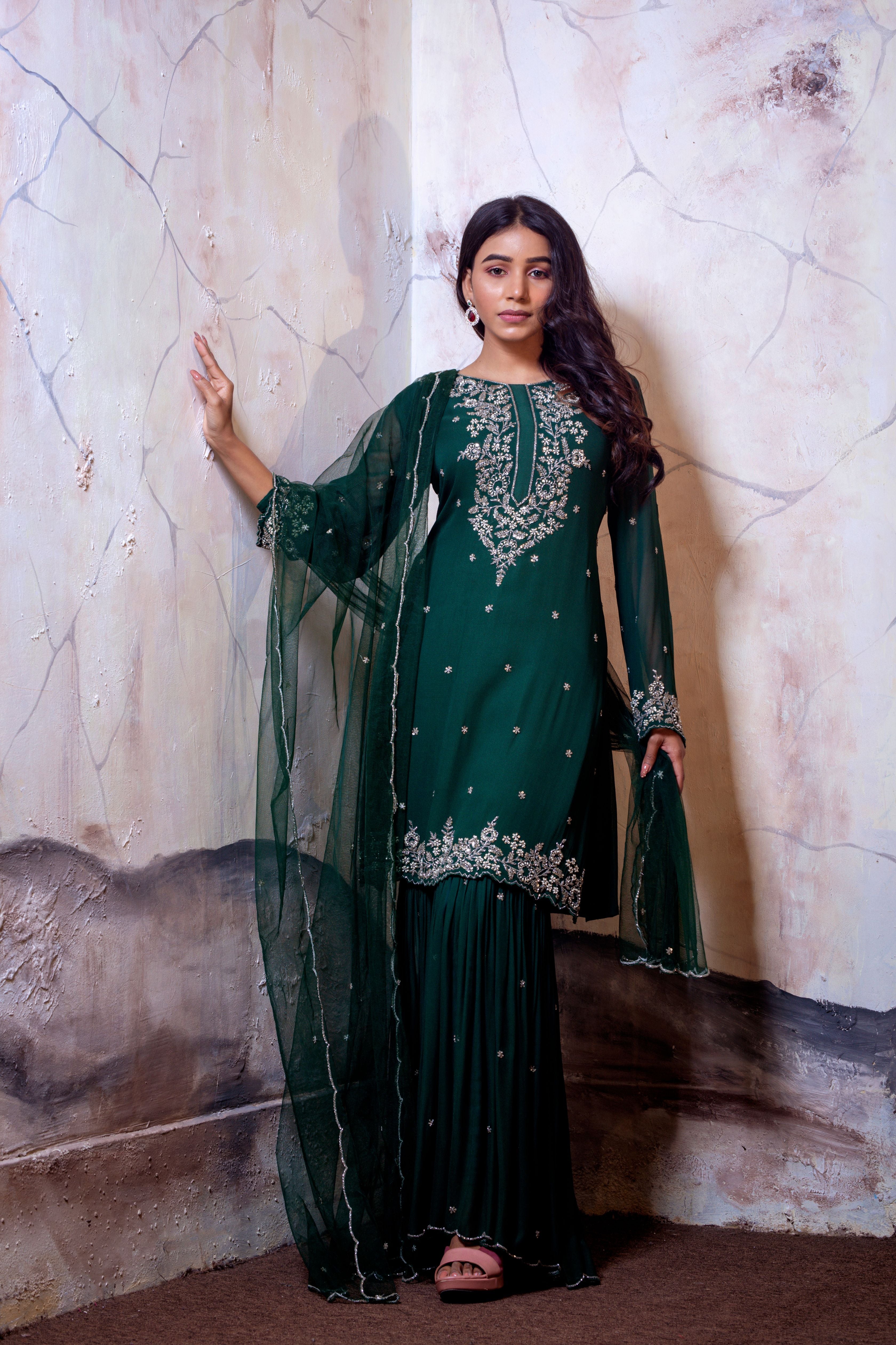 Bottle Green Kurti Set with Sharara