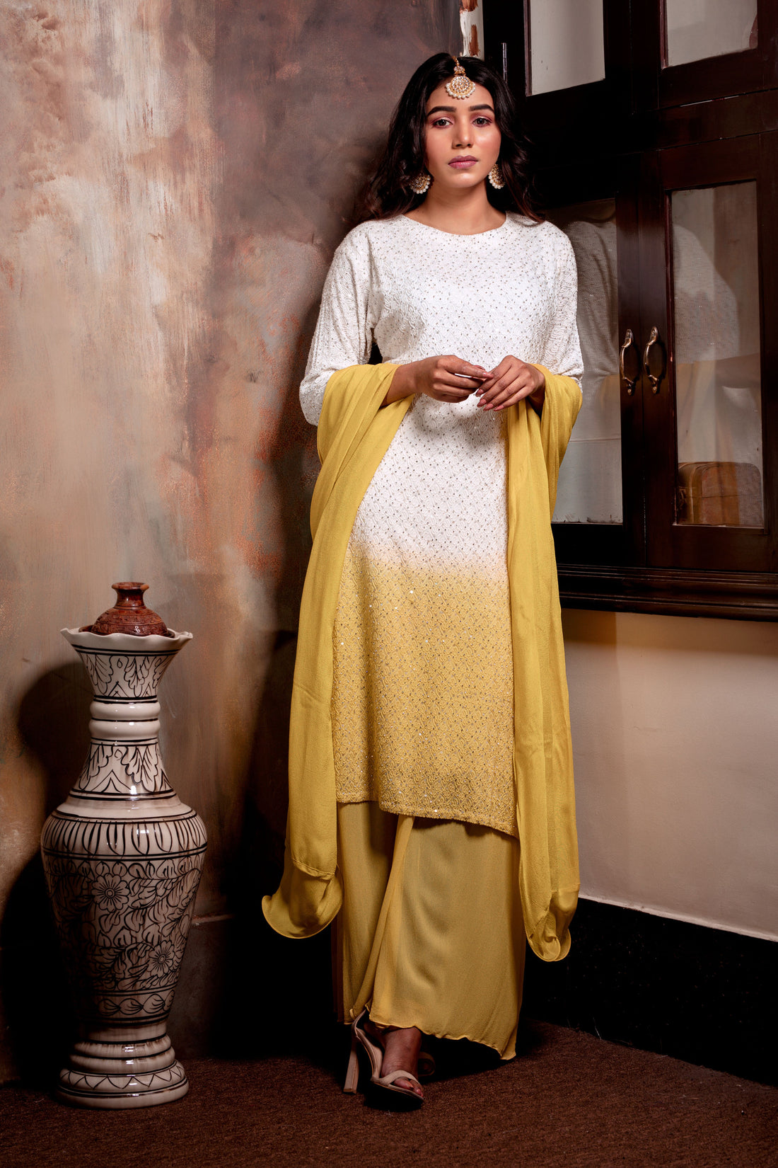 Ombre Yellow Embroidered Kurta Set