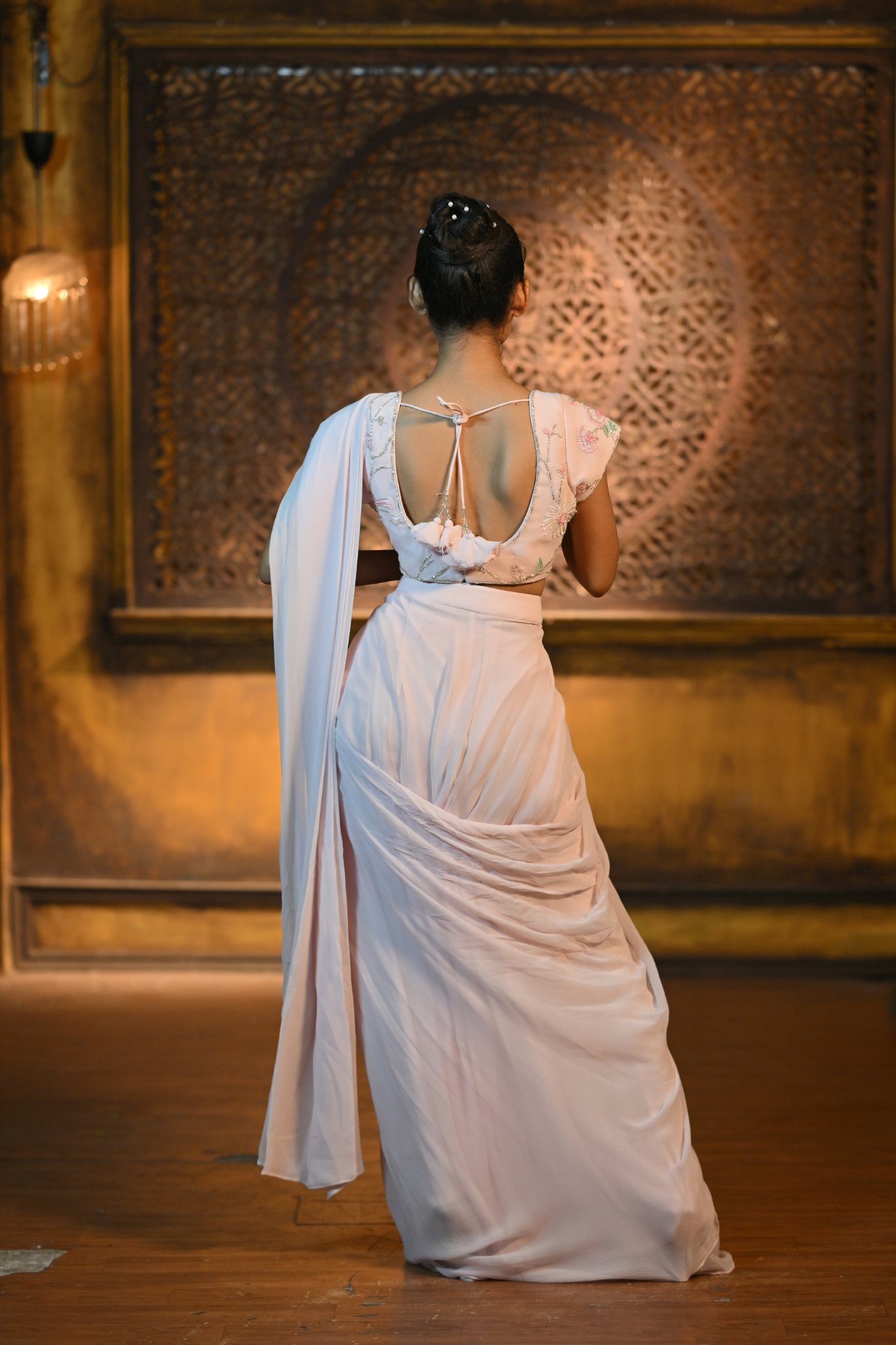 BABY PINK DRAPE SAREE WITH EMBROIDERED BLOUSE (Customize Request)