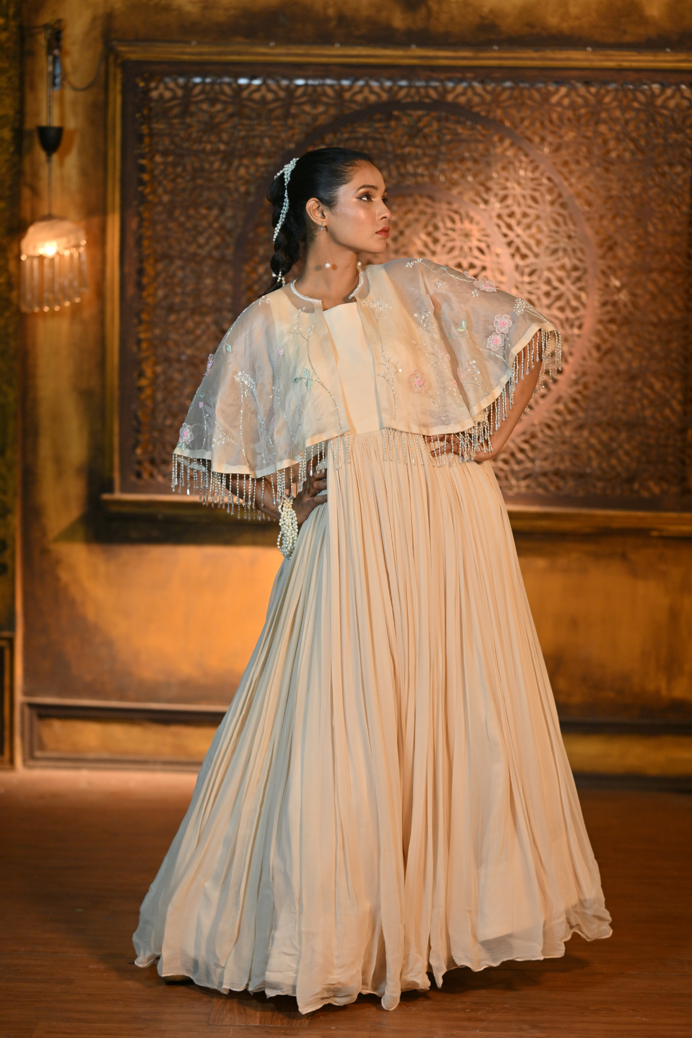 LIGHT PEACH GOWN WITH CAPE (Customize Request)