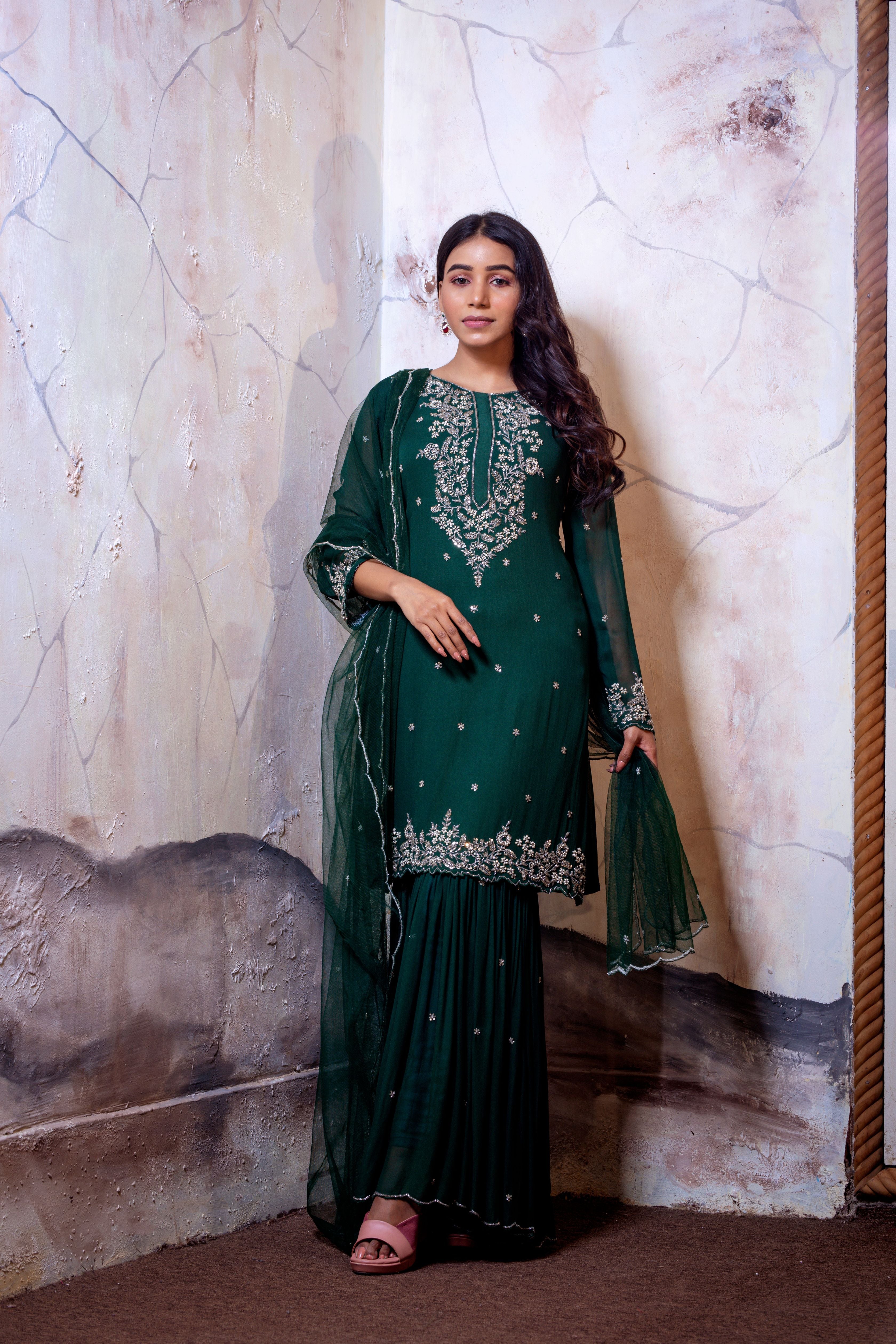 Bottle Green Kurti Set with Sharara