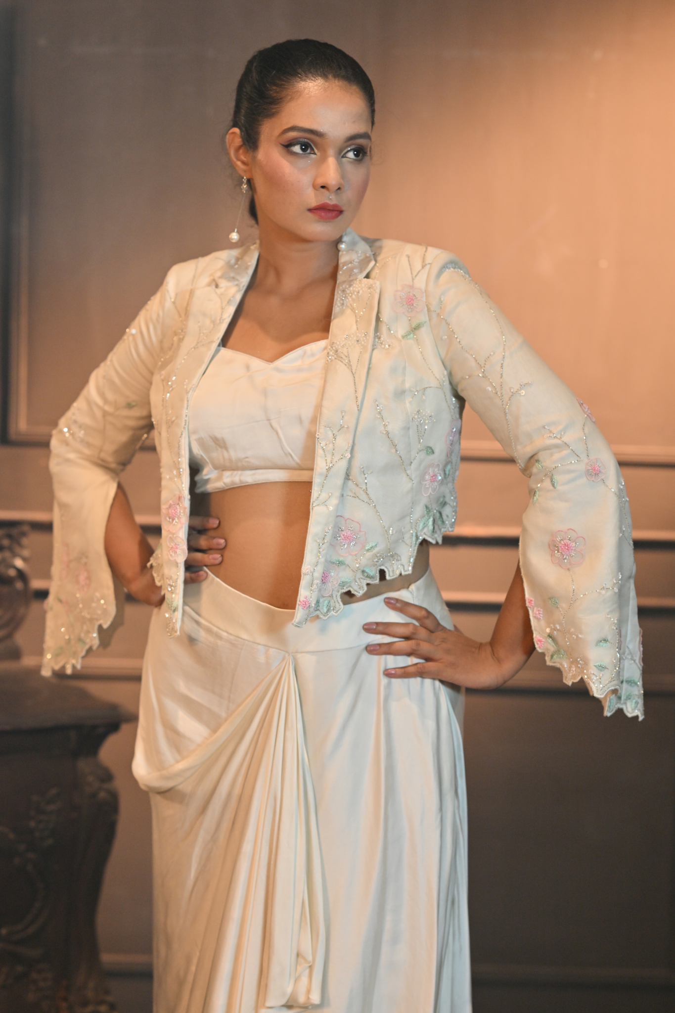 OFF-WHITE JACKET WITH BUSTIER AND DHOTI (Customize Request)