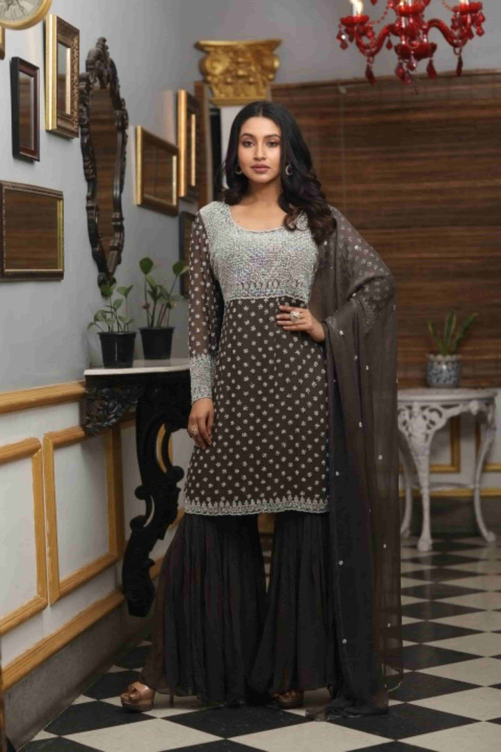 Dusty Brown Hand Embroidered Georgette Sharara set