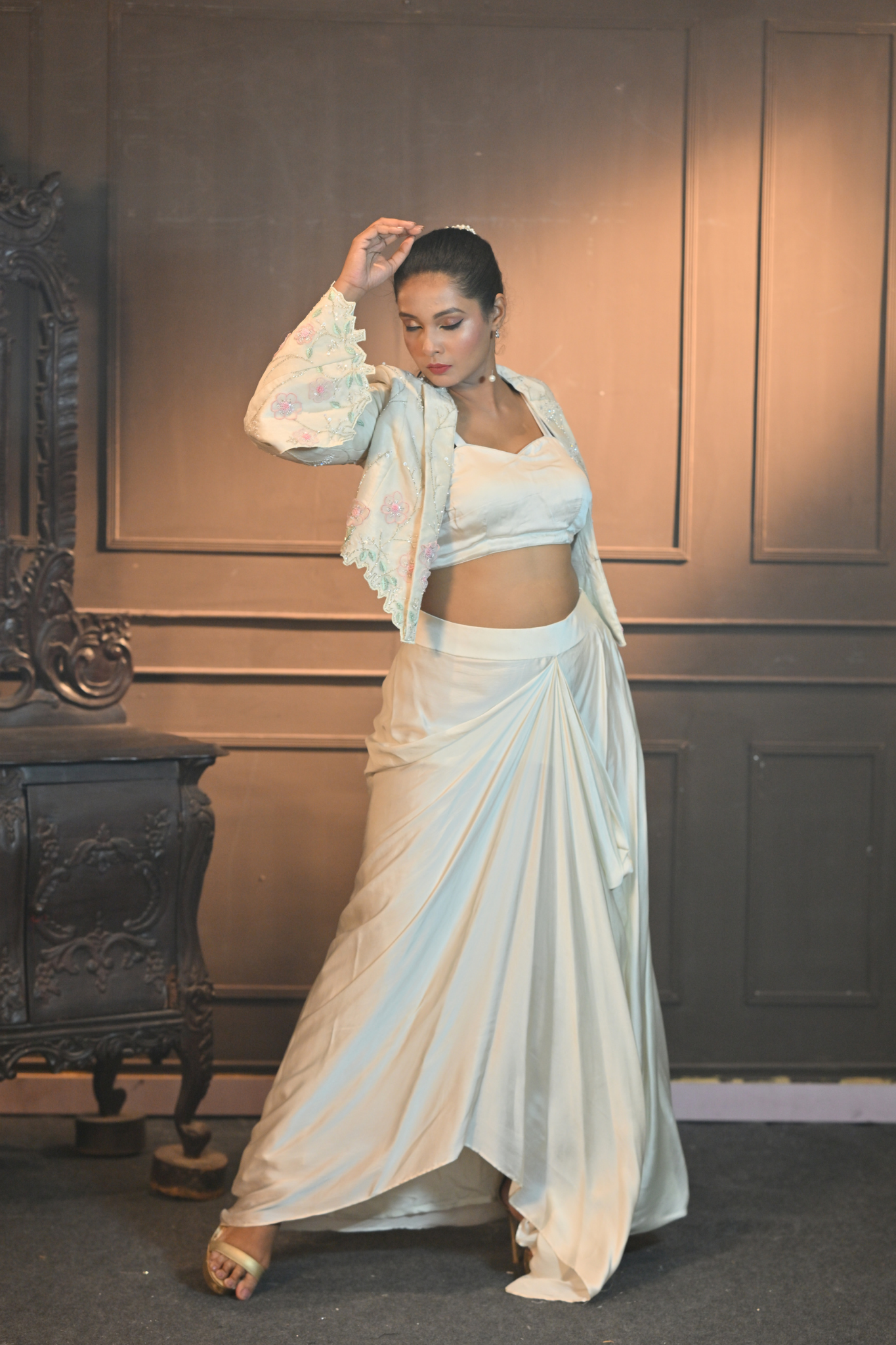 OFF-WHITE JACKET WITH BUSTIER AND DHOTI (Customize Request)