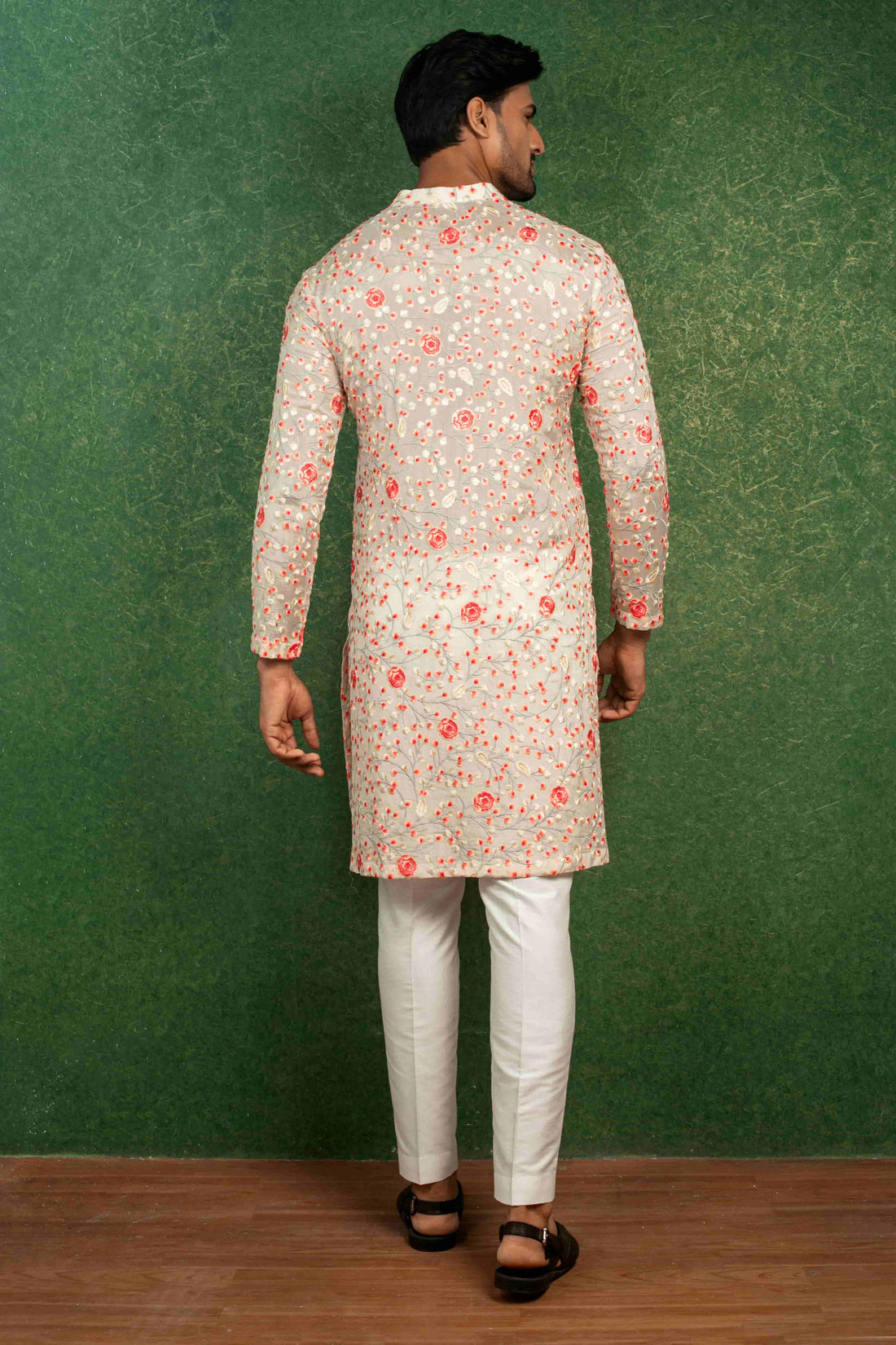 Multi-Colour Embroidered Kurta Set with Off-White Silk Trousers