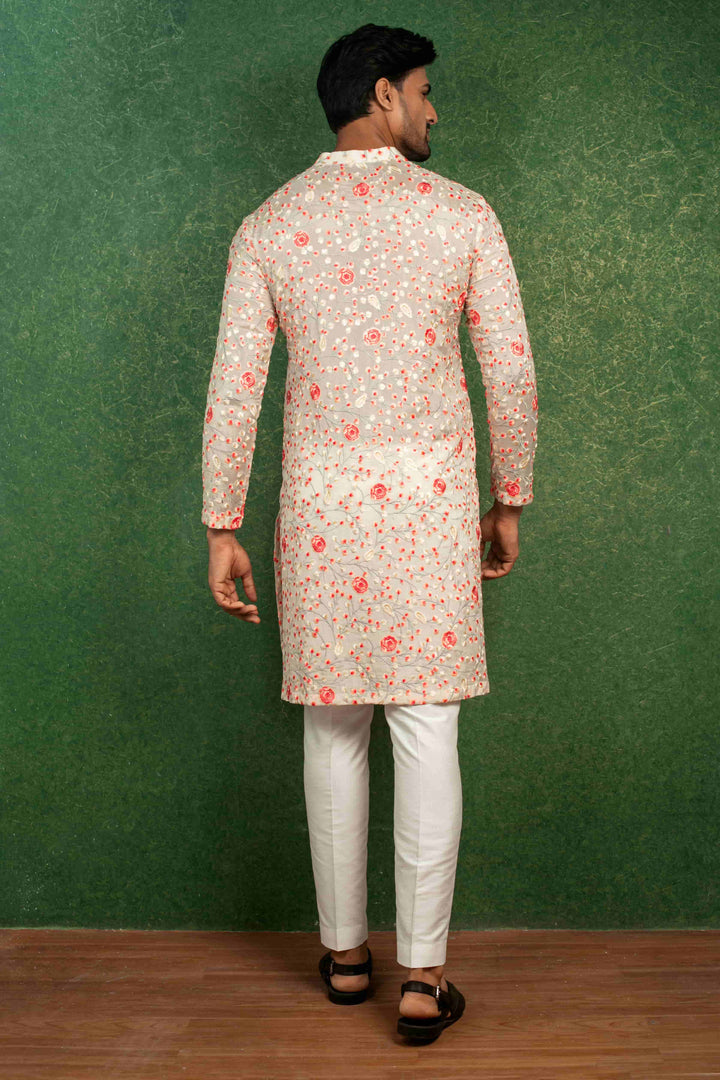 Multi-Colour Embroidered Kurta Set with Off-White Silk Trousers