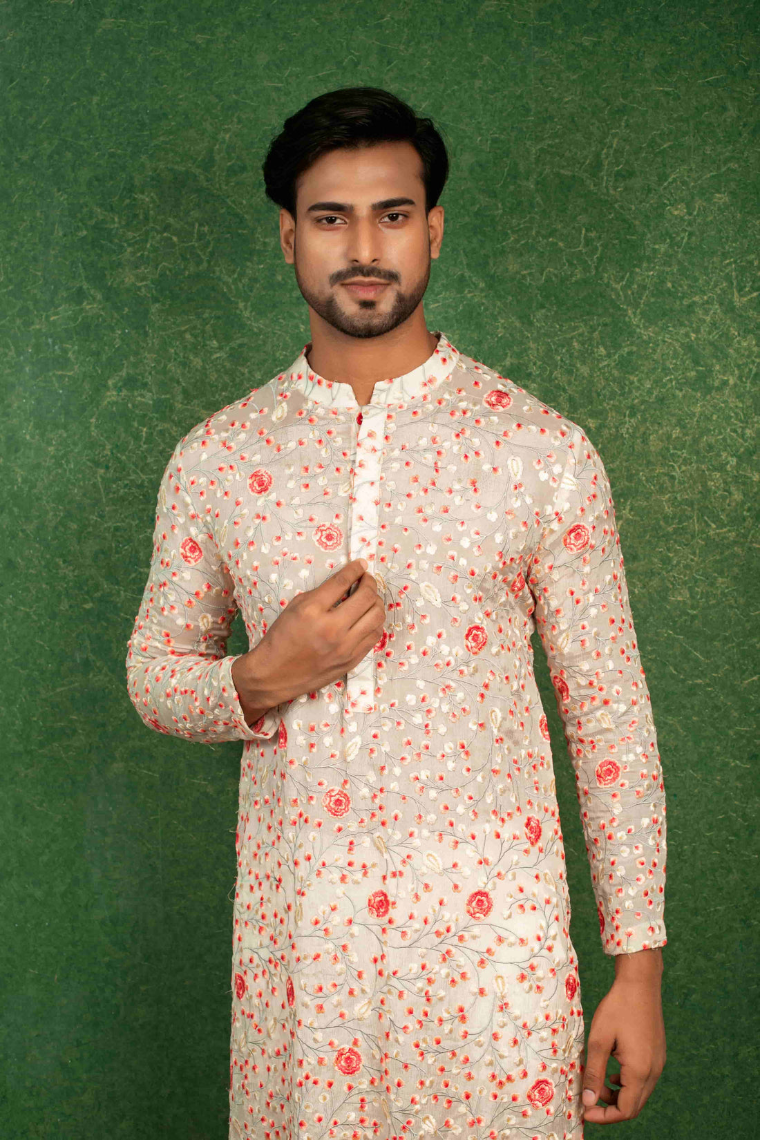 Multi-Colour Embroidered Kurta Set with Off-White Silk Trousers