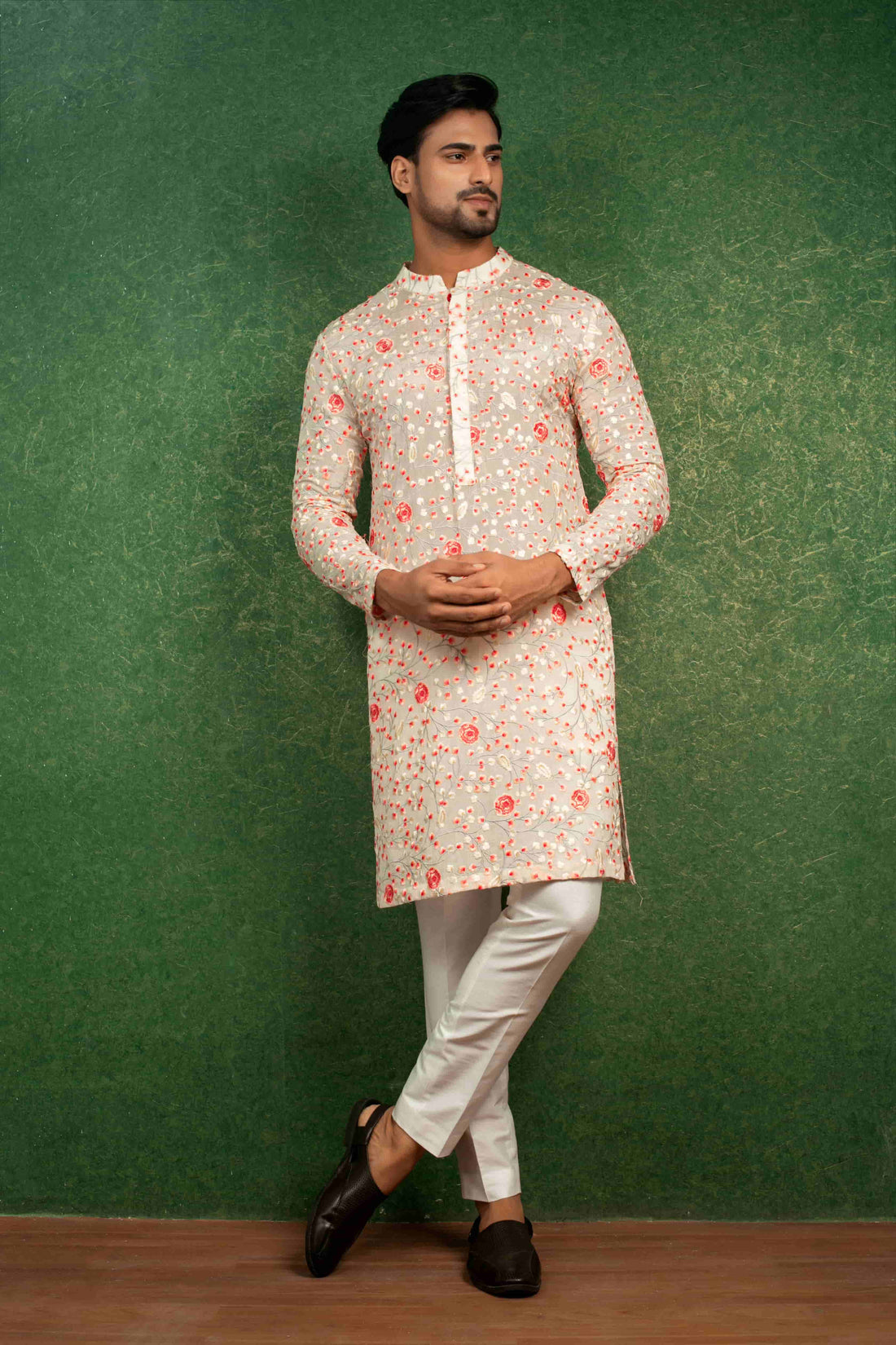 Multi-Colour Embroidered Kurta Set with Off-White Silk Trousers