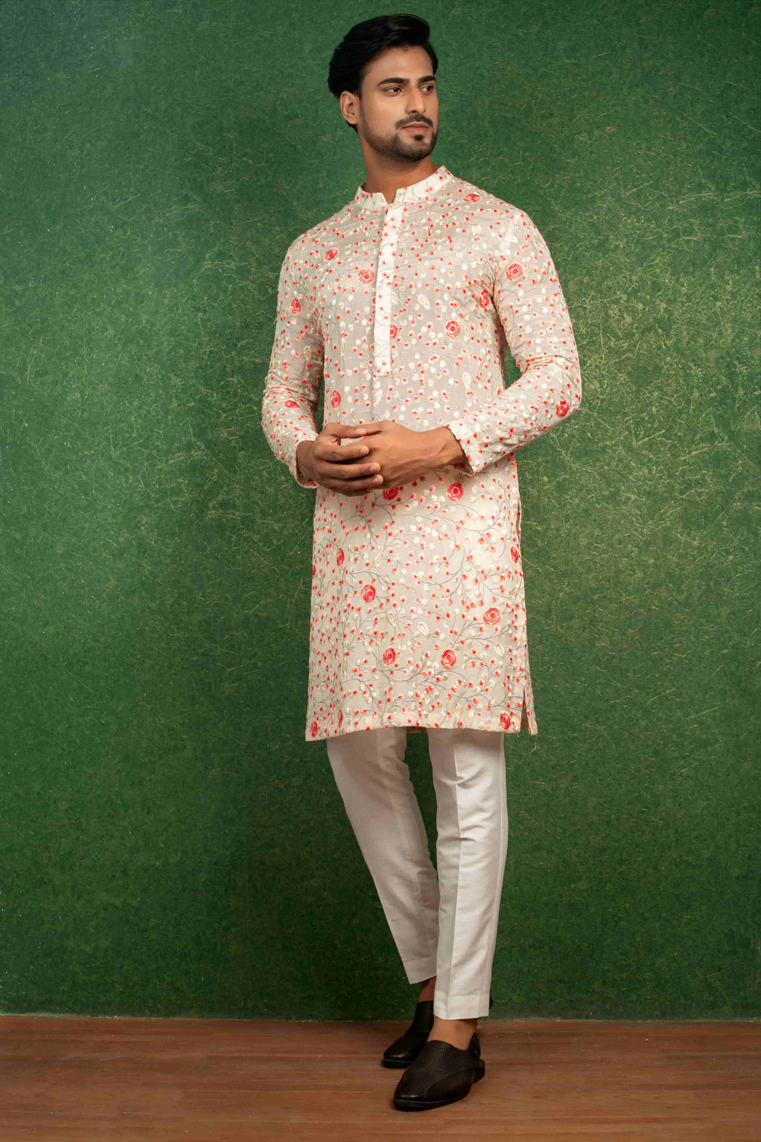 Multi-Colour Embroidered Kurta Set with Off-White Silk Trousers