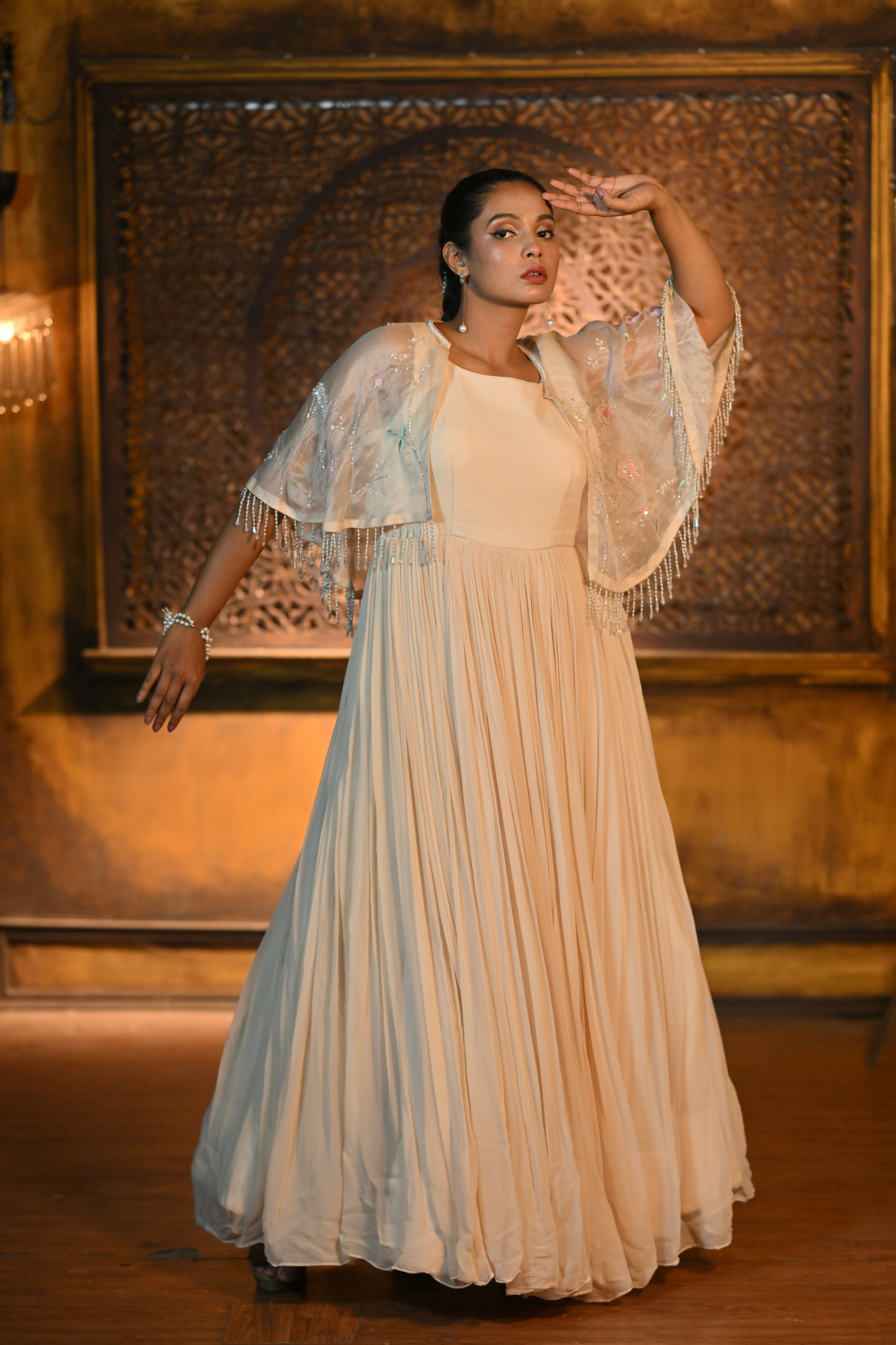 LIGHT PEACH GOWN WITH CAPE (Customize Request)