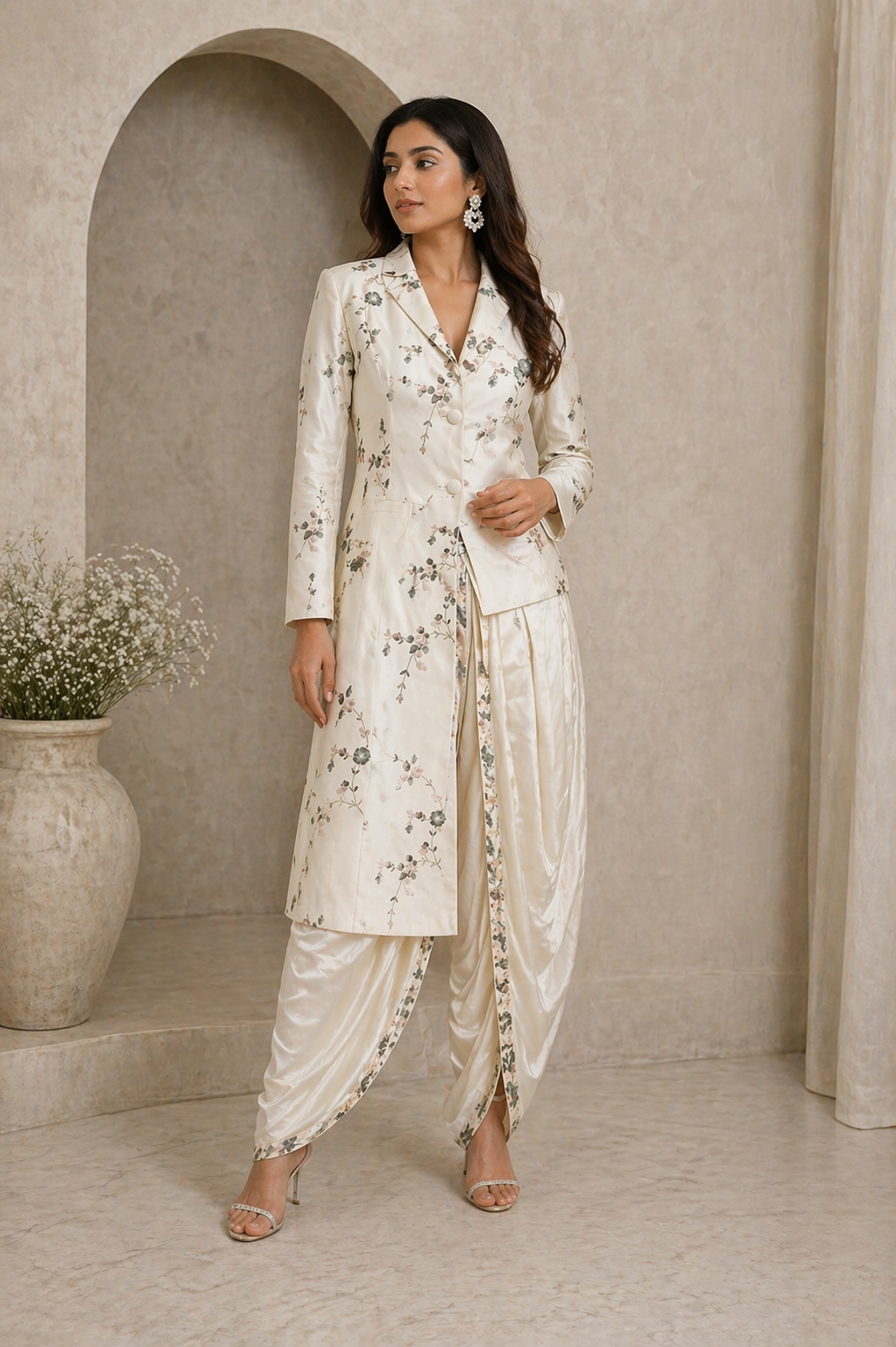 Off White Katan Silk Co-ord Set with Jacket & Modal Satin Dhoti