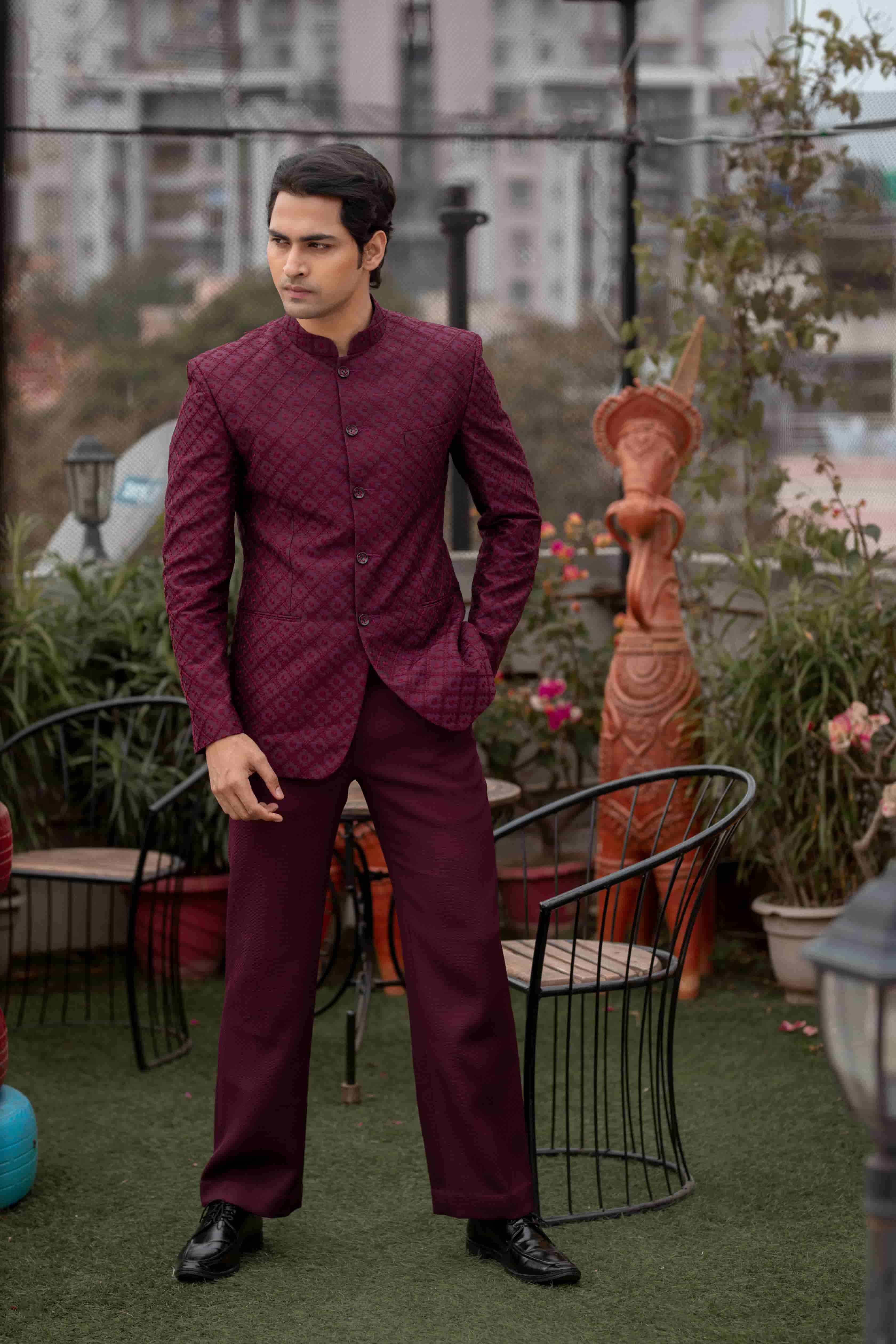 Wine Embroidered Bandh-Gala Jacket with Pant Set