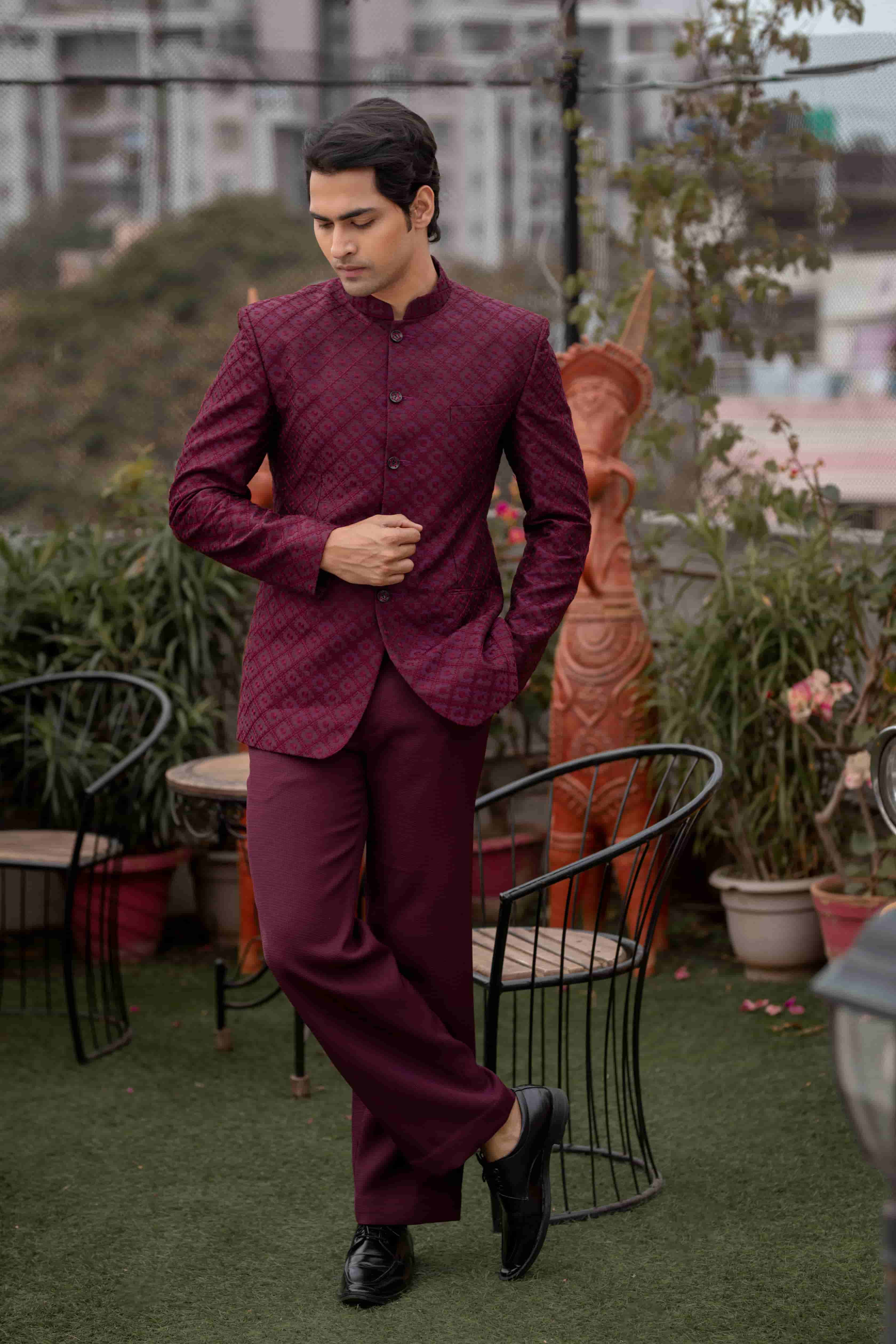 Wine Embroidered Bandh-Gala Jacket with Pant Set
