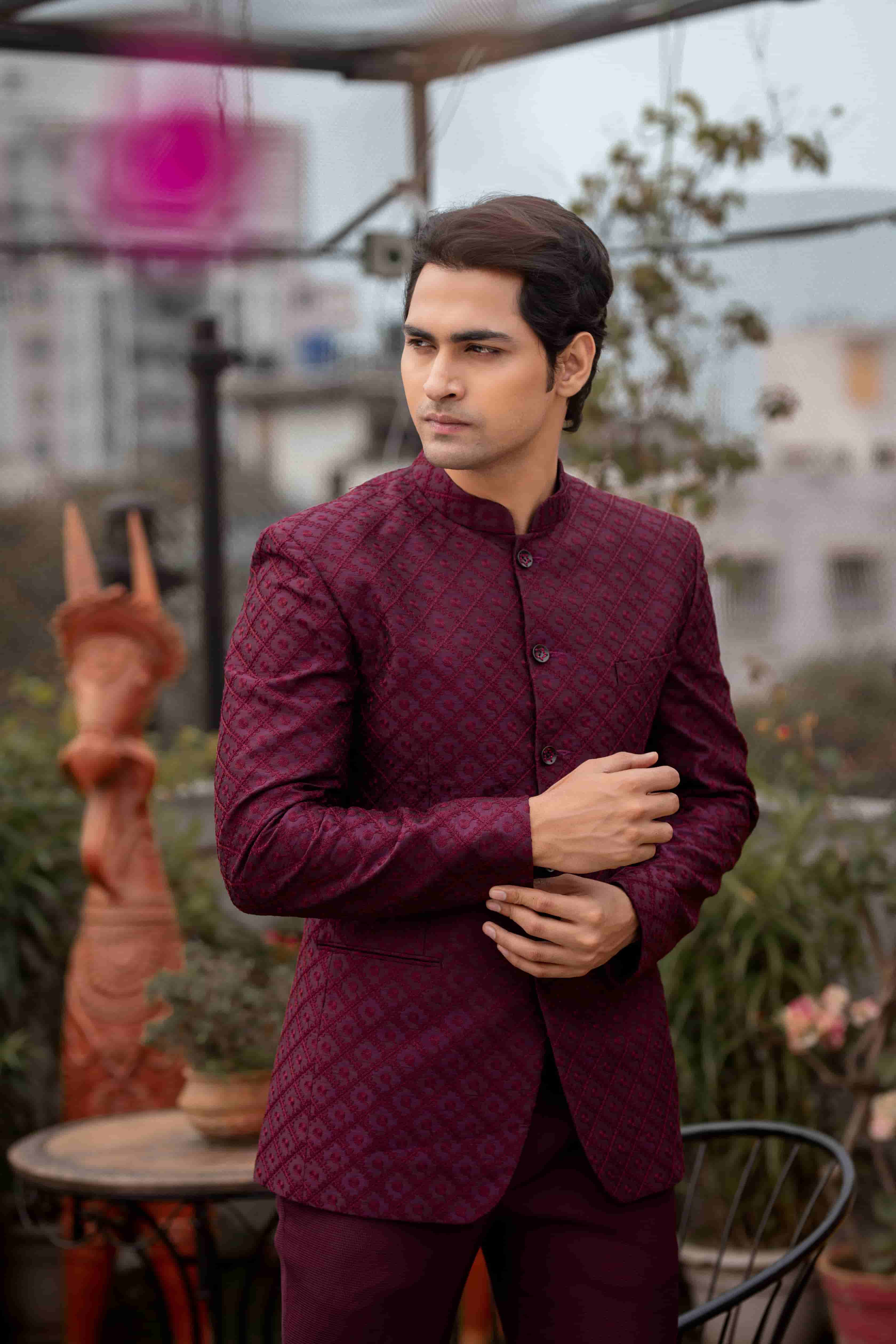 Wine Embroidered Bandh-Gala Jacket with Pant Set