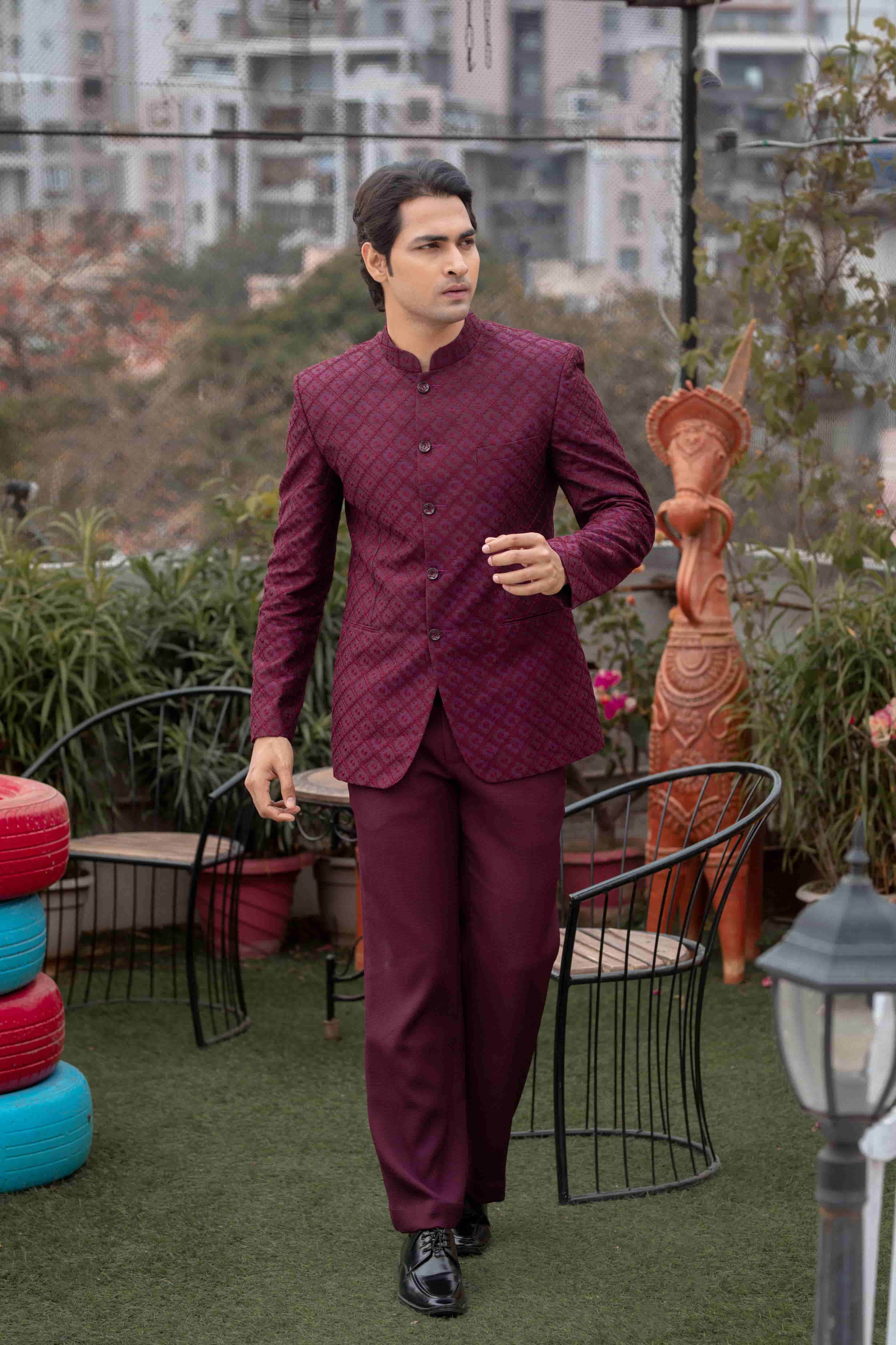 Wine Embroidered Bandh-Gala Jacket with Pant Set