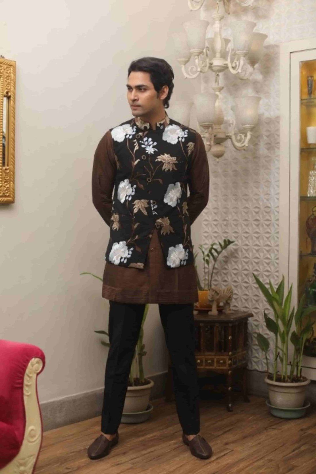 Brown Katan Silk Kurta Set With Black Embroidered Jacket