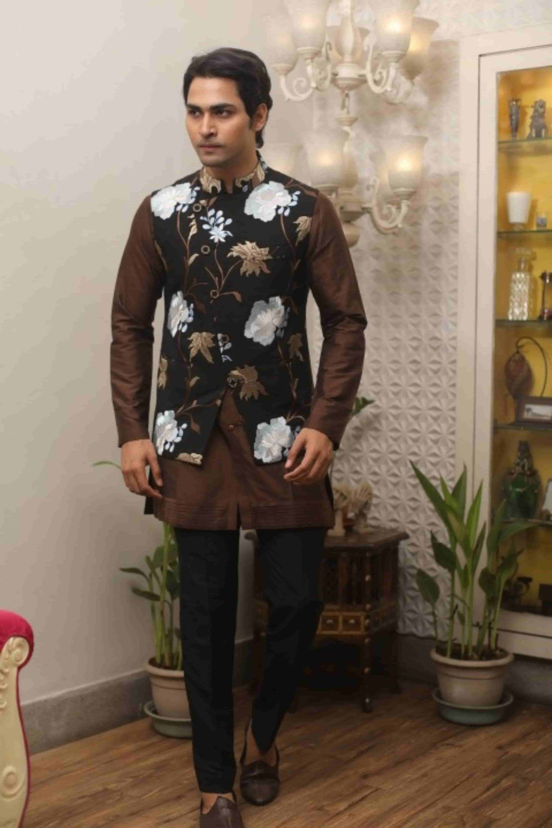 Brown Katan Silk Kurta Set With Black Embroidered Jacket