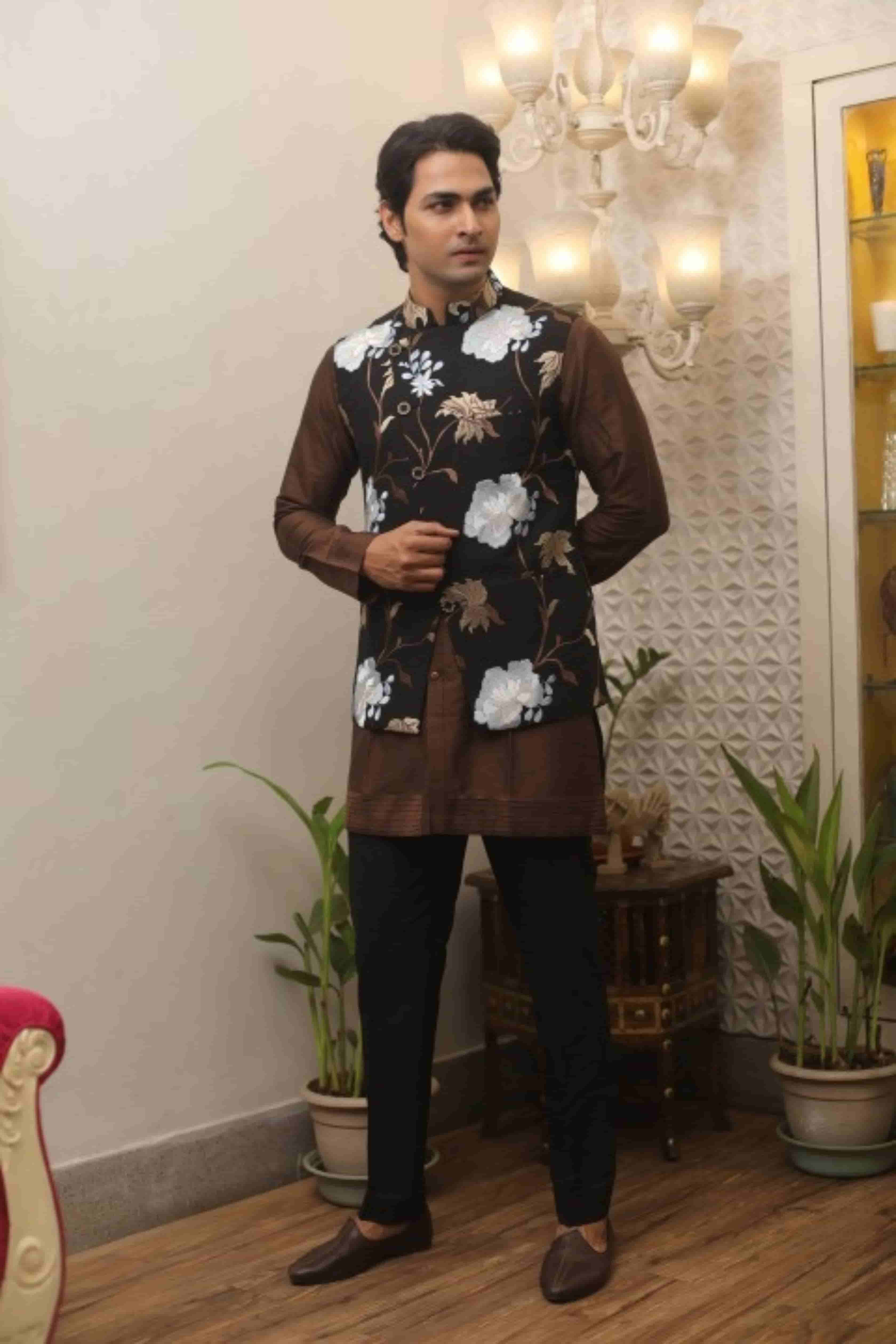 Brown Katan Silk Kurta Set With Black Embroidered Jacket