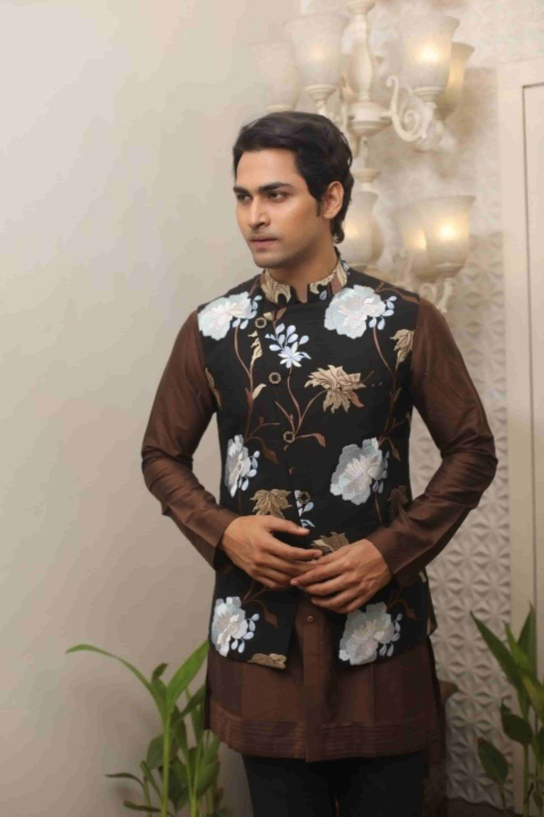 Brown Katan Silk Kurta Set With Black Embroidered Jacket