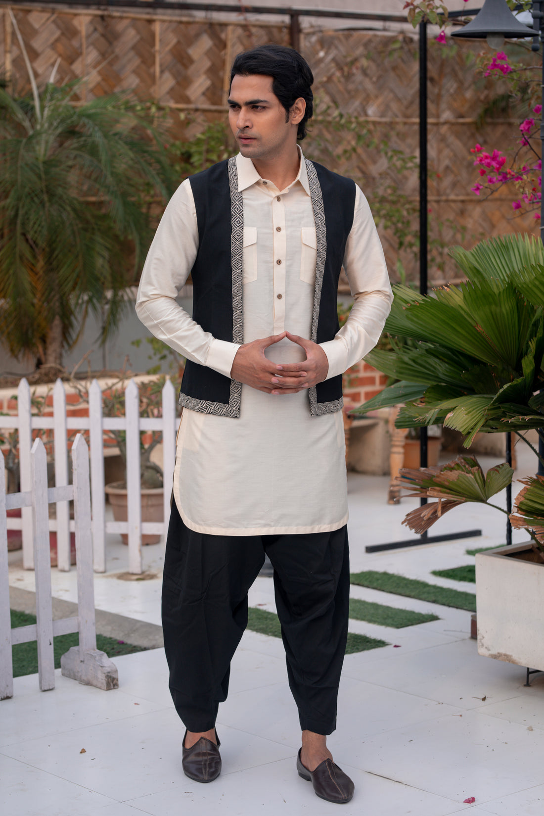 Off-White and Black Katan Silk Kurta Set with Embroidered Jacket