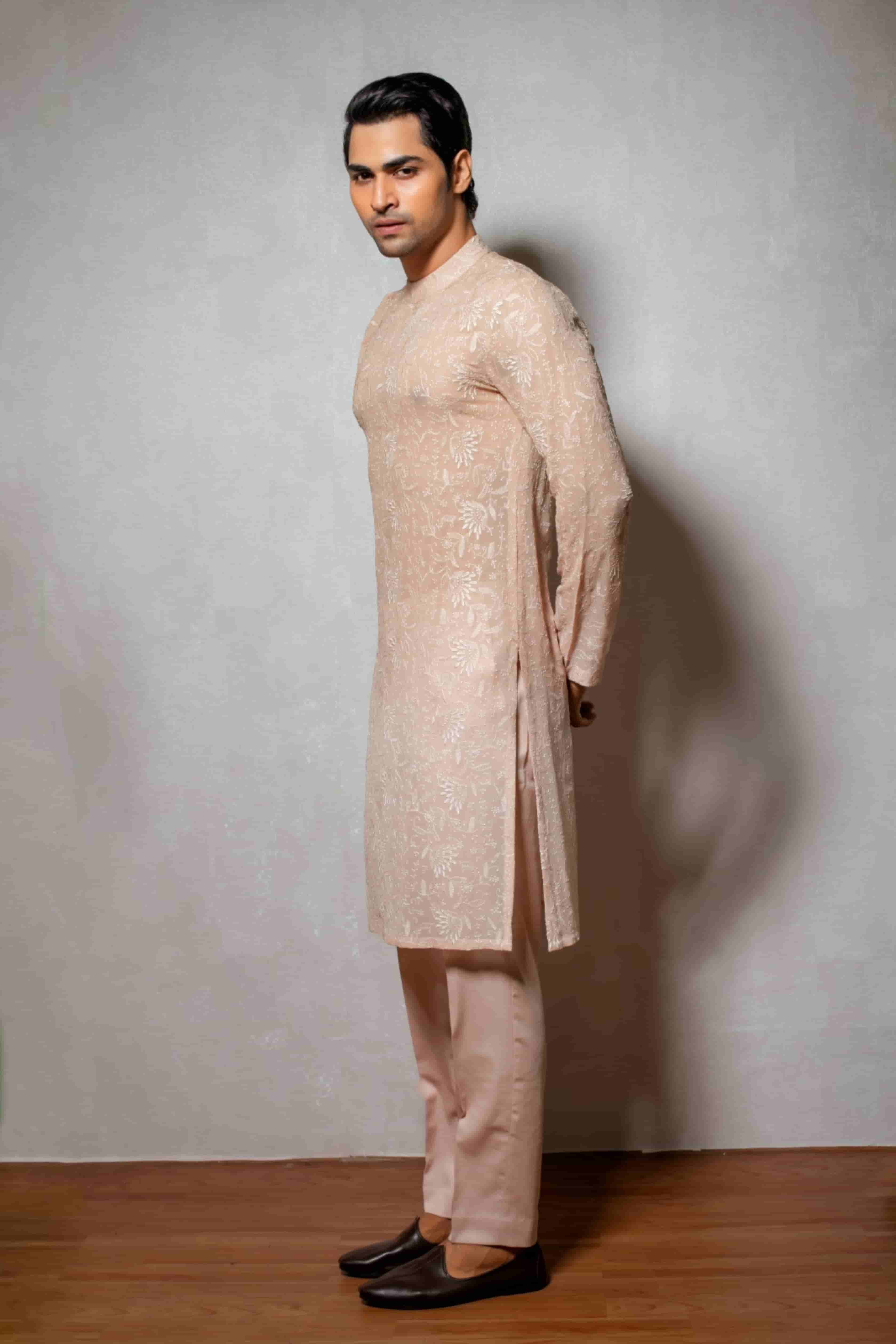 Beige-Shaded Georgette Embroidered Kurta Set