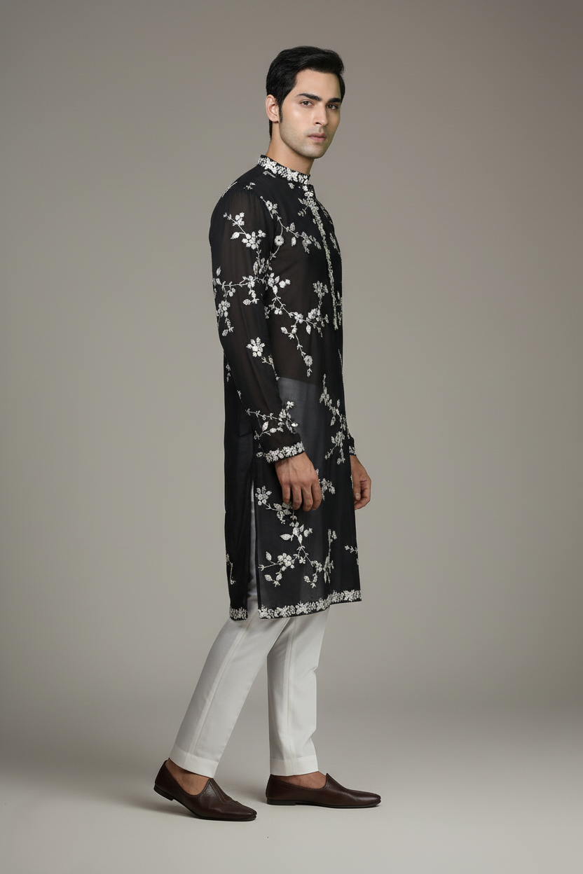 White & Black Viscose Kurta Set with Embroidered Detailing