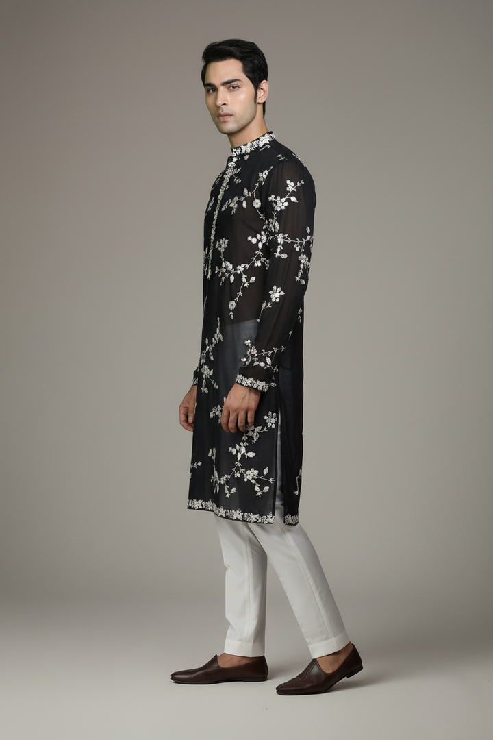 White & Black Viscose Kurta Set with Embroidered Detailing