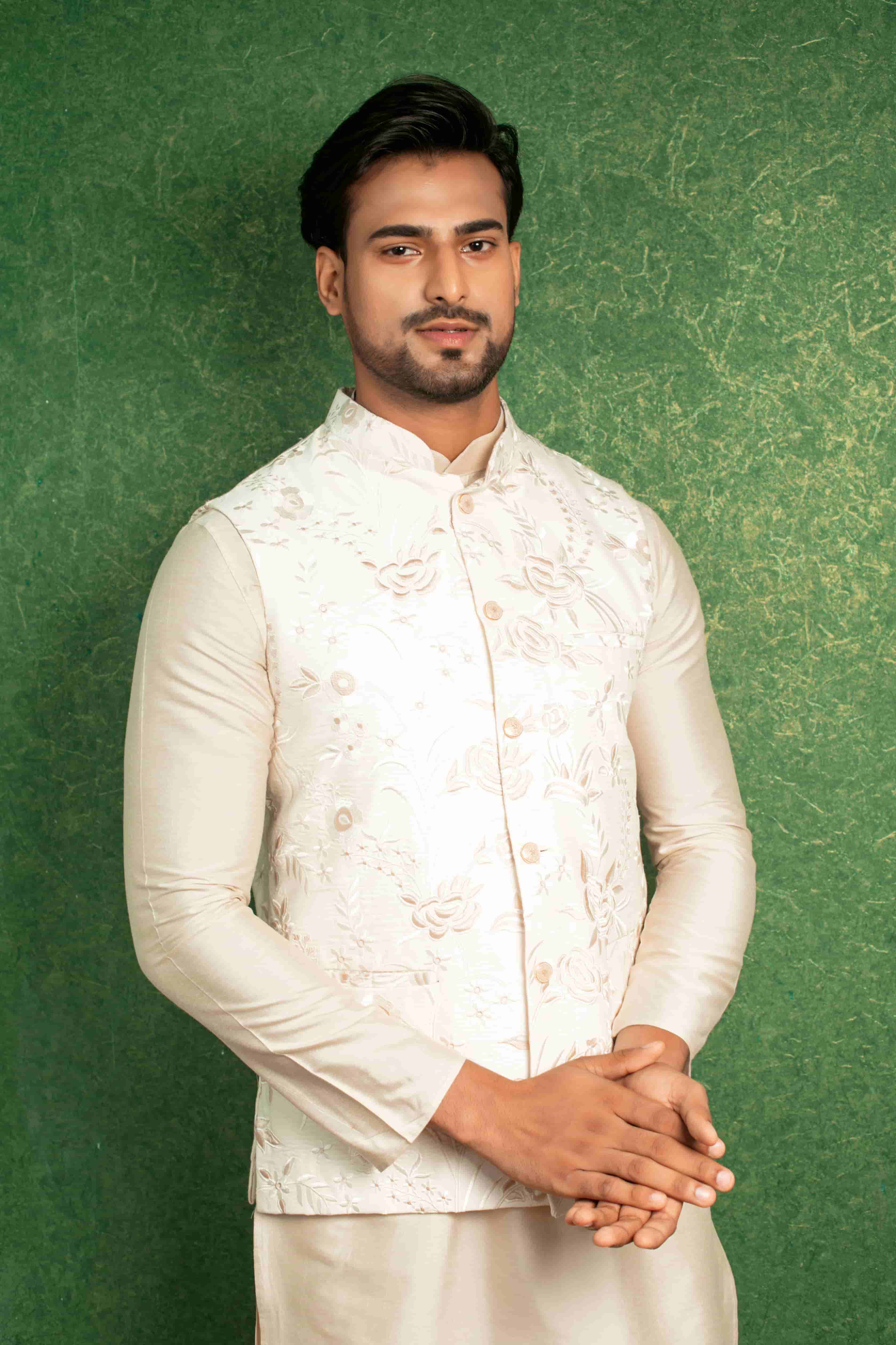 Beige Katan Kurta Set with Off-White Nehru Jacket
