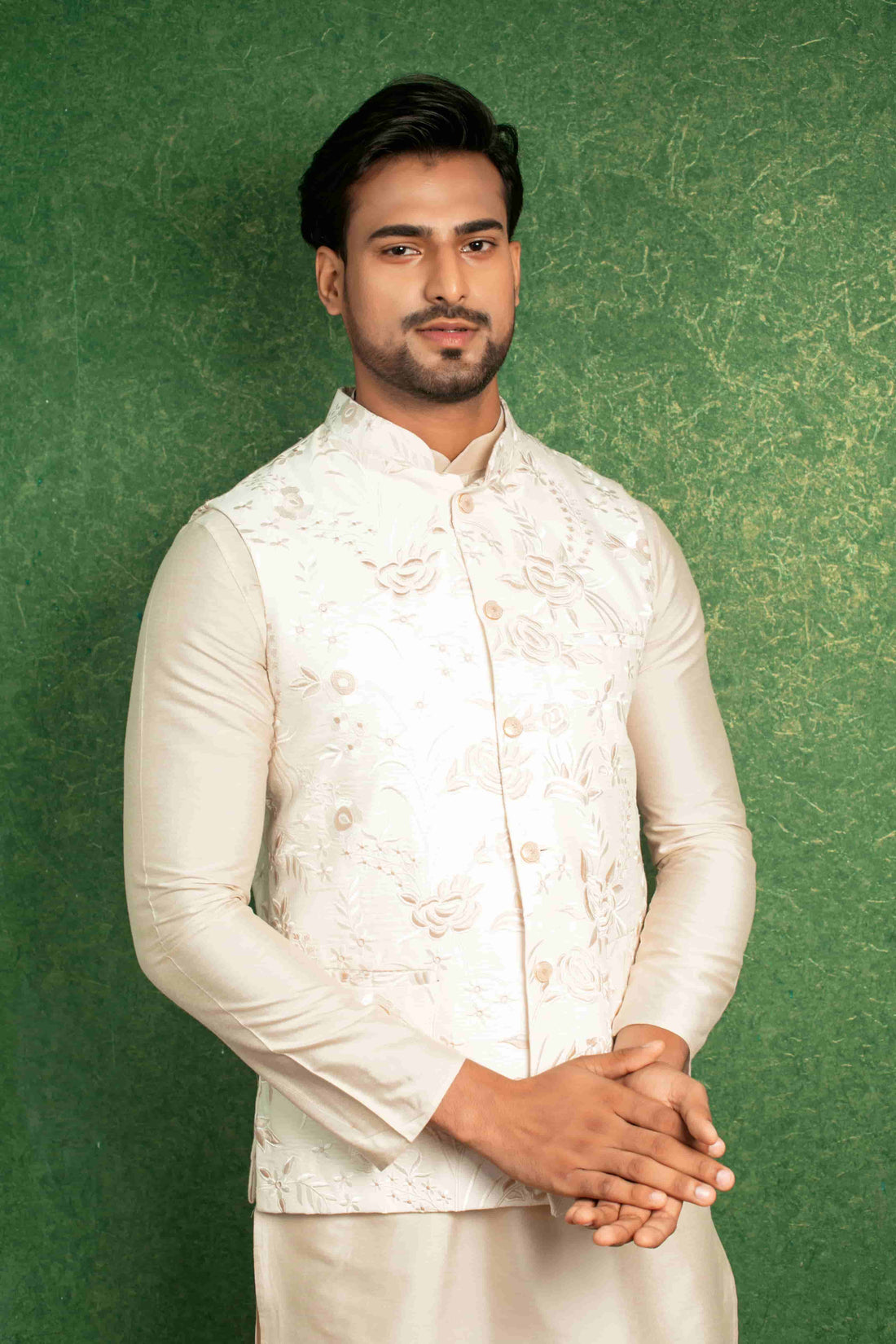 Light Beige Katan Silk Kurta And Straight Fit Trousers With Embroidered Nehru Jacket