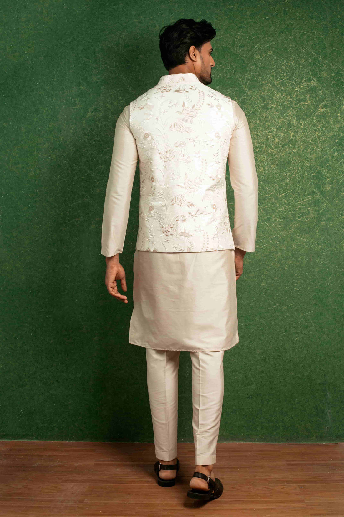 Light Beige Katan Silk Kurta And Straight Fit Trousers With Embroidered Nehru Jacket