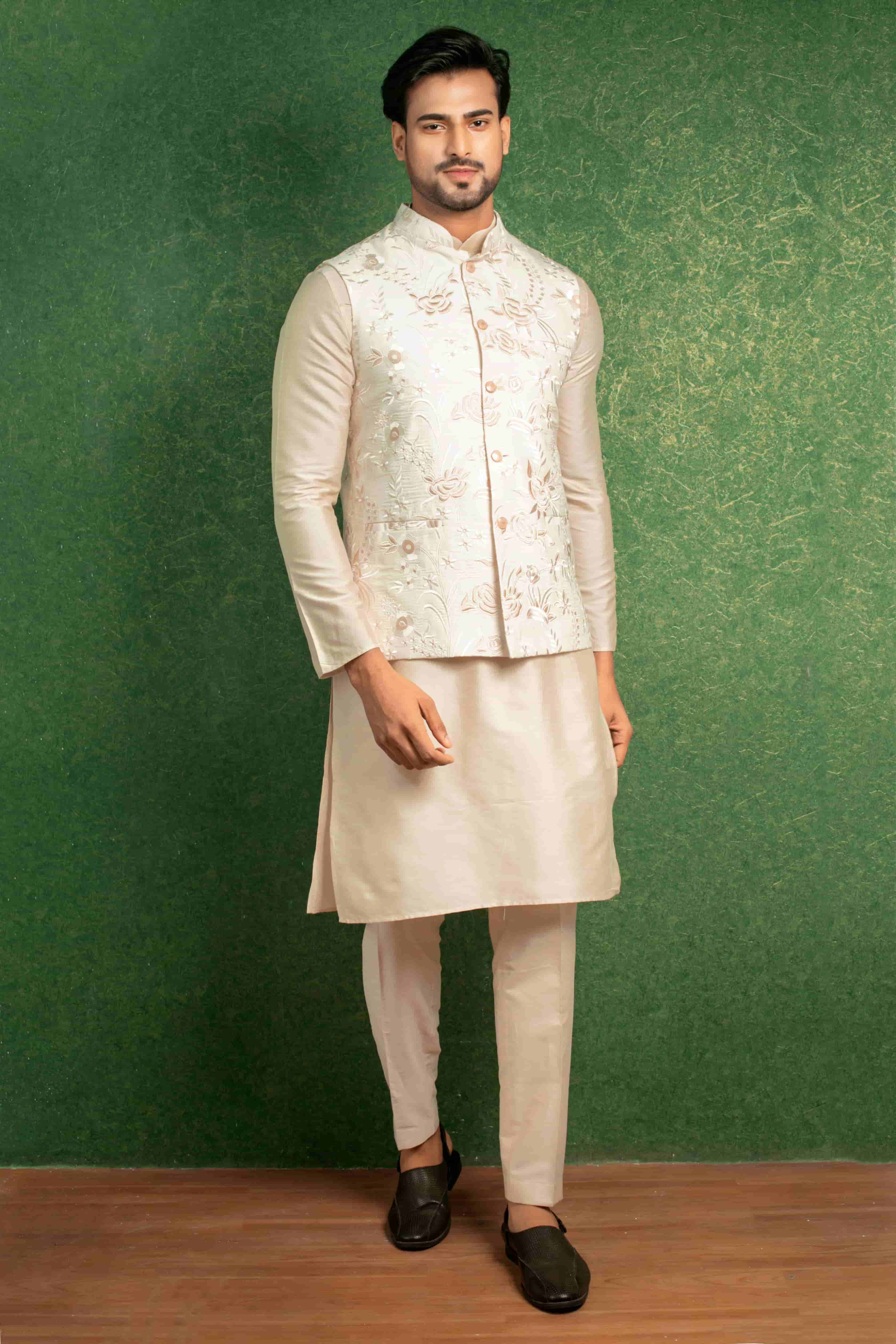 Beige Katan Kurta Set with Off-White Nehru Jacket