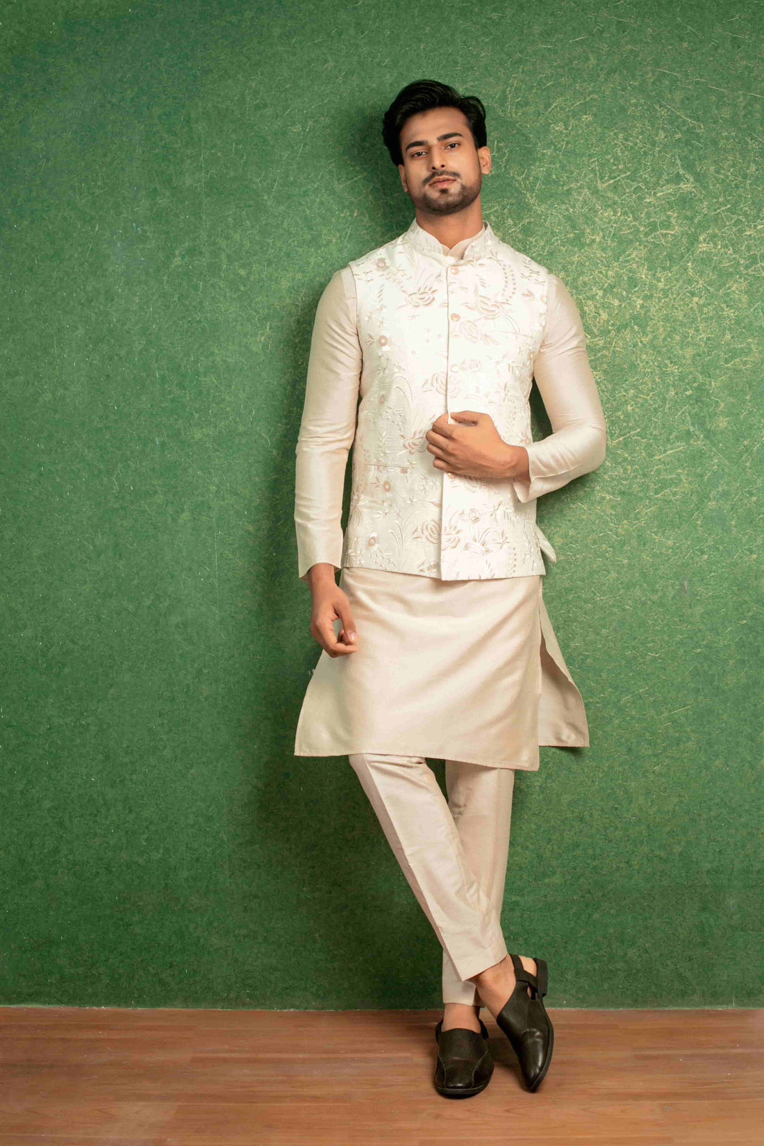 Light Beige Katan Silk Kurta And Straight Fit Trousers With Embroidered Nehru Jacket