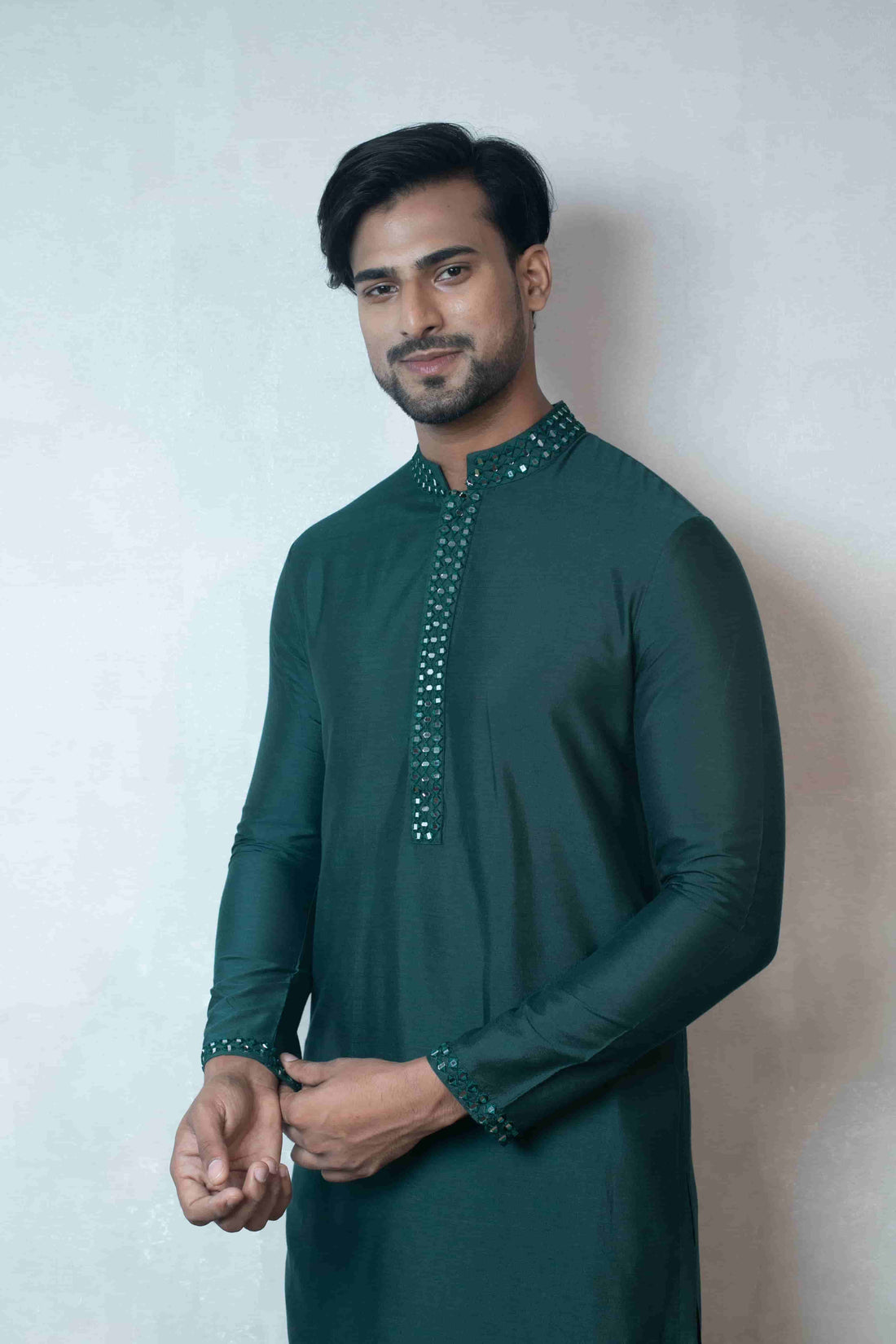 Elegant Green Katan Silk Kurta Set With Mirror Work