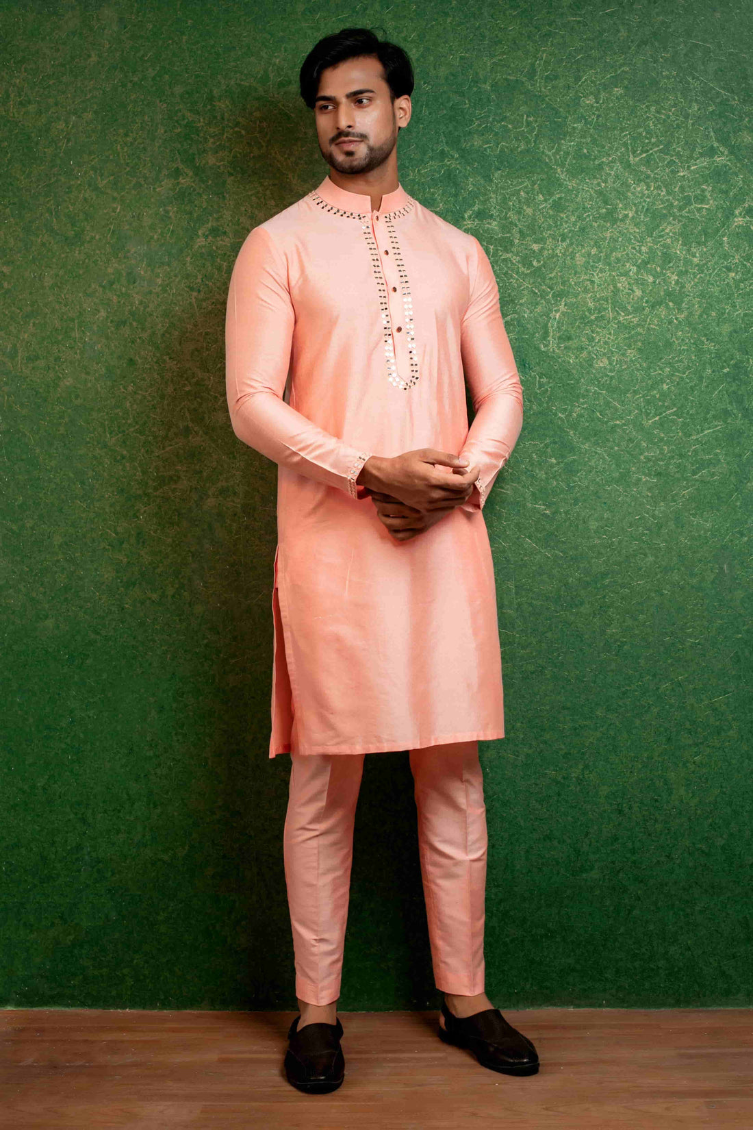 Peach Mirror Embellished Kurta Set in Luxurious Katan Silk