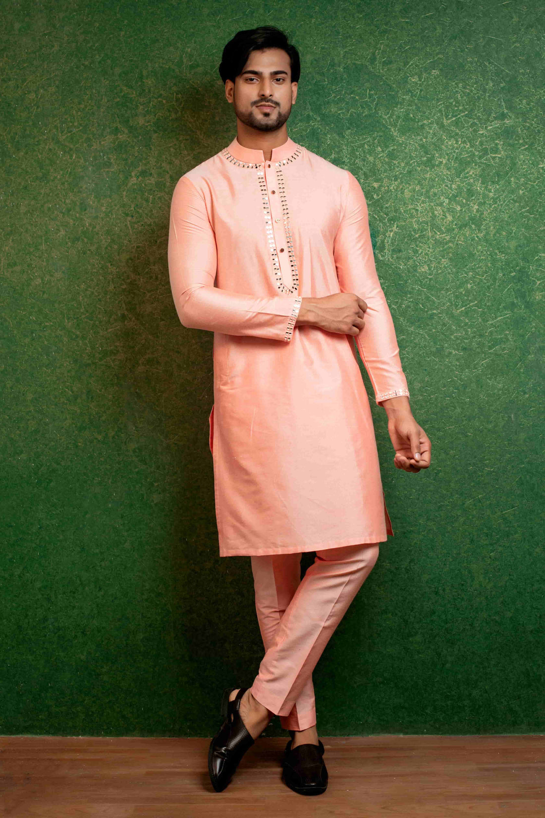 Peach Mirror Embellished Kurta Set in Luxurious Katan Silk