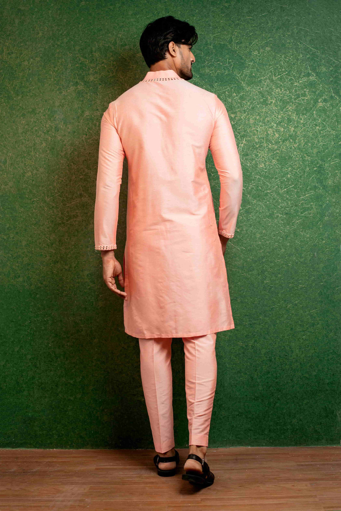 Peach Mirror Embellished Kurta Set in Luxurious Katan Silk