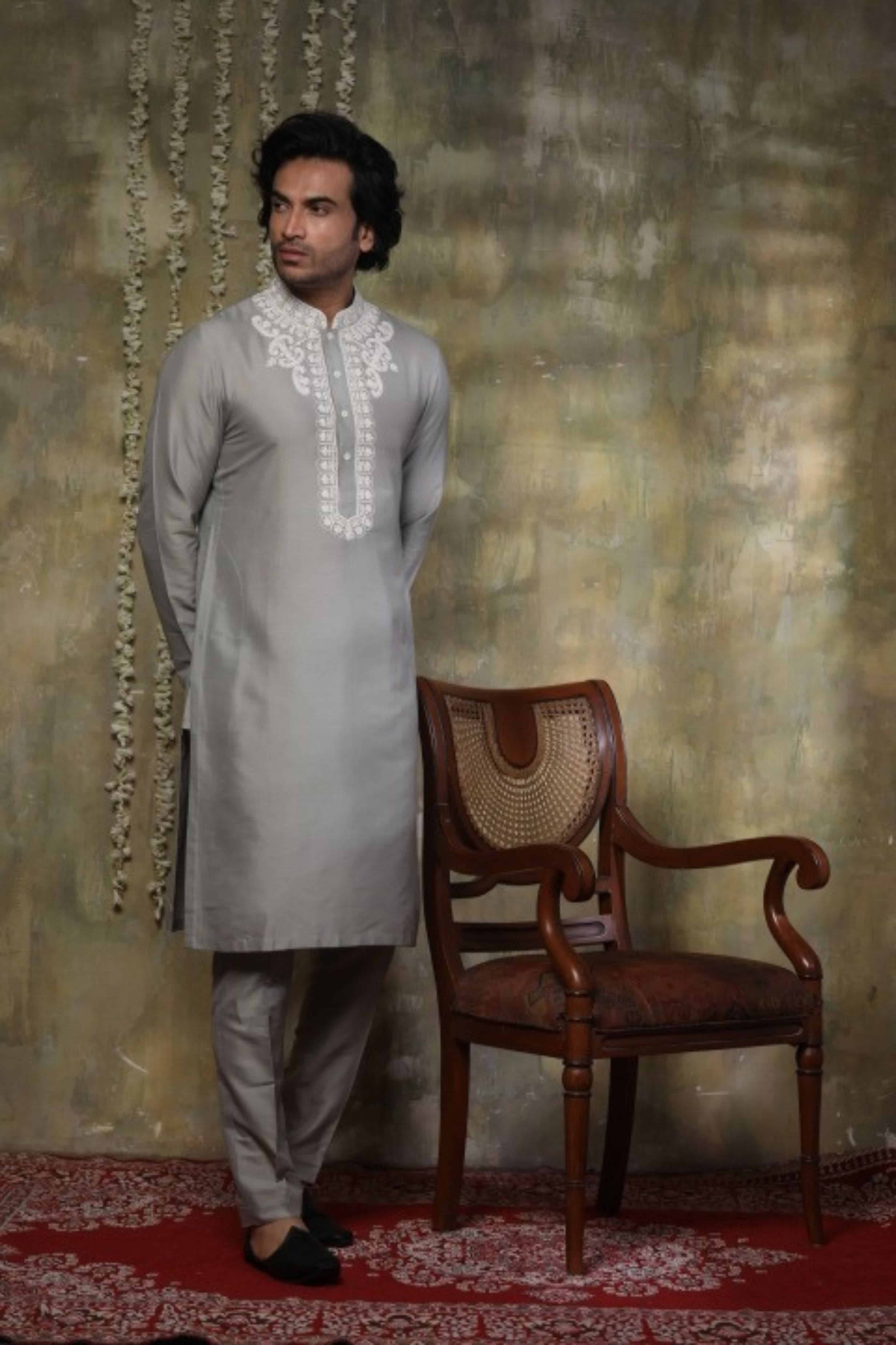 Grey Katan Silk Kurta Set