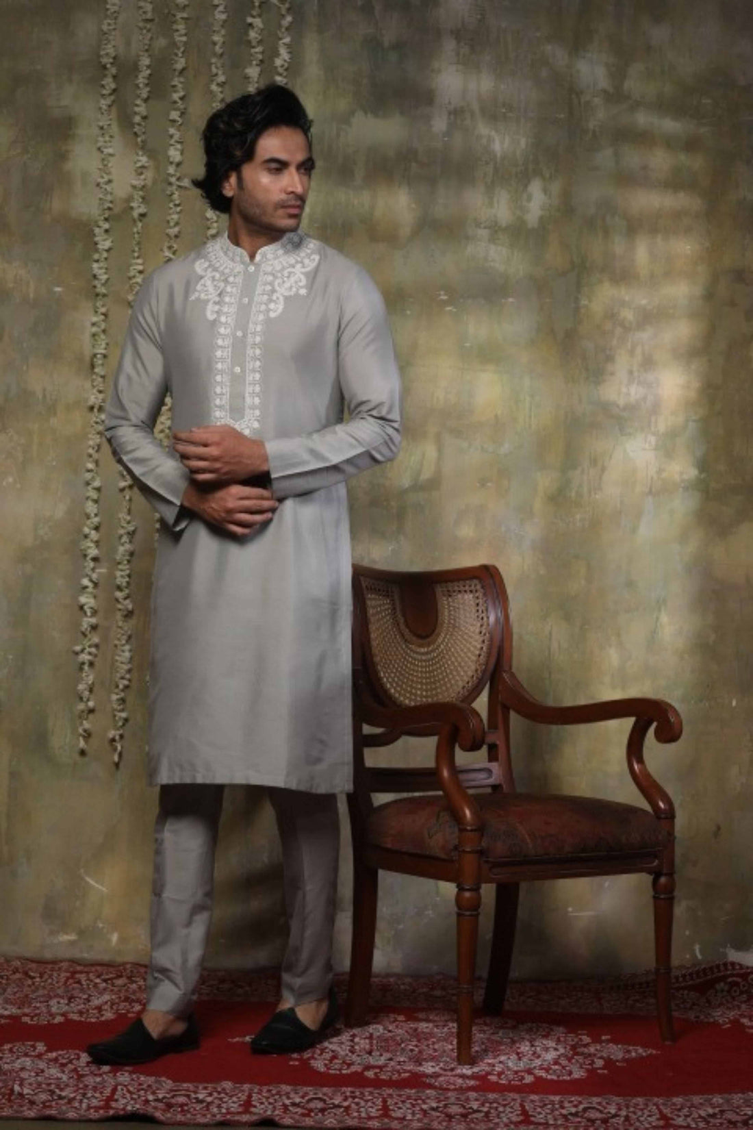 Grey Katan Silk Kurta And Straight Fit Trouser Featuring Dori Work In Neckline