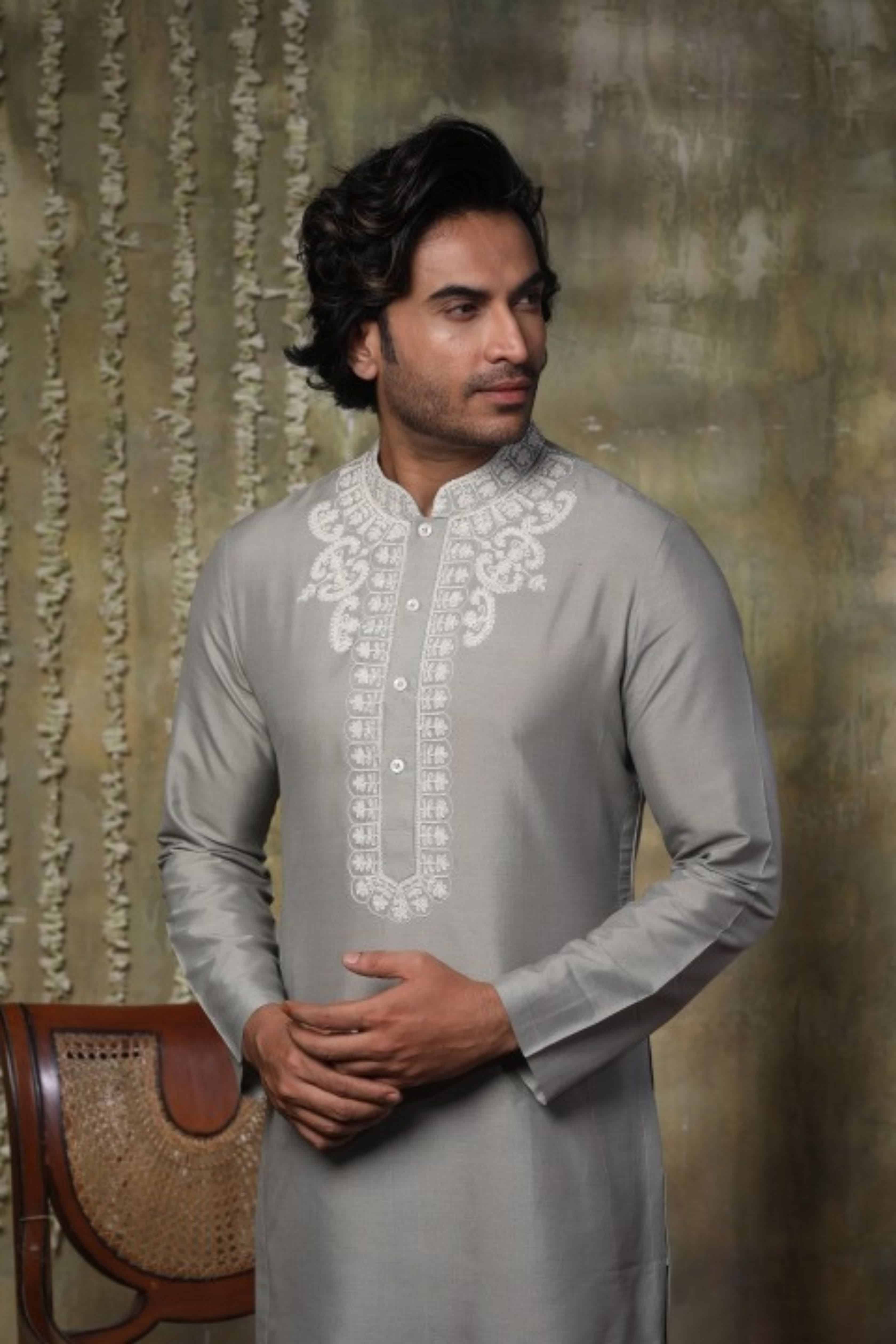 Grey Katan Silk Kurta Set