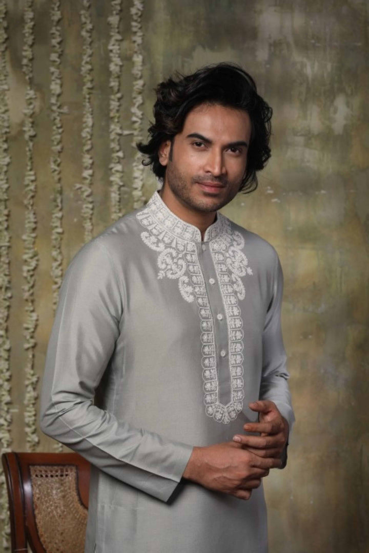 Grey Katan Silk Kurta And Straight Fit Trouser Featuring Dori Work In Neckline