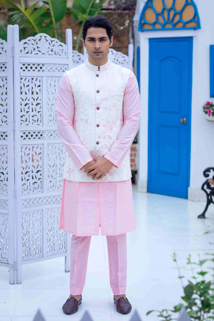 Light Pink Kurta Set With White Embroidered Jacket