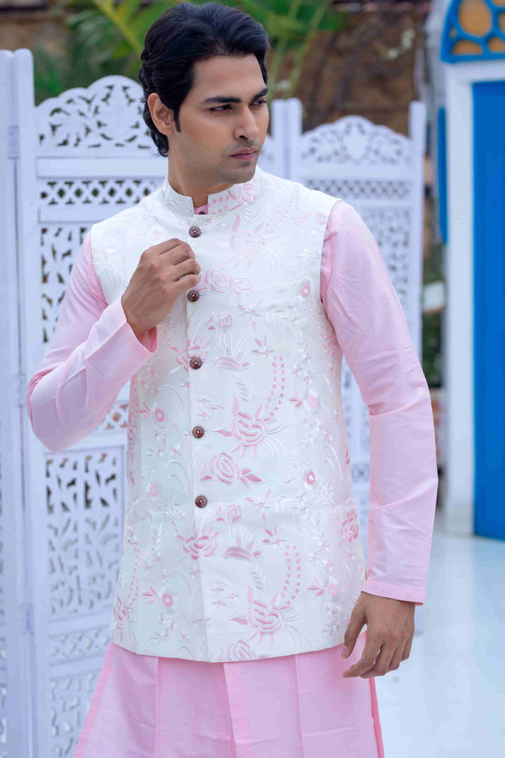 Light Pink Kurta Set With White Embroidered Jacket