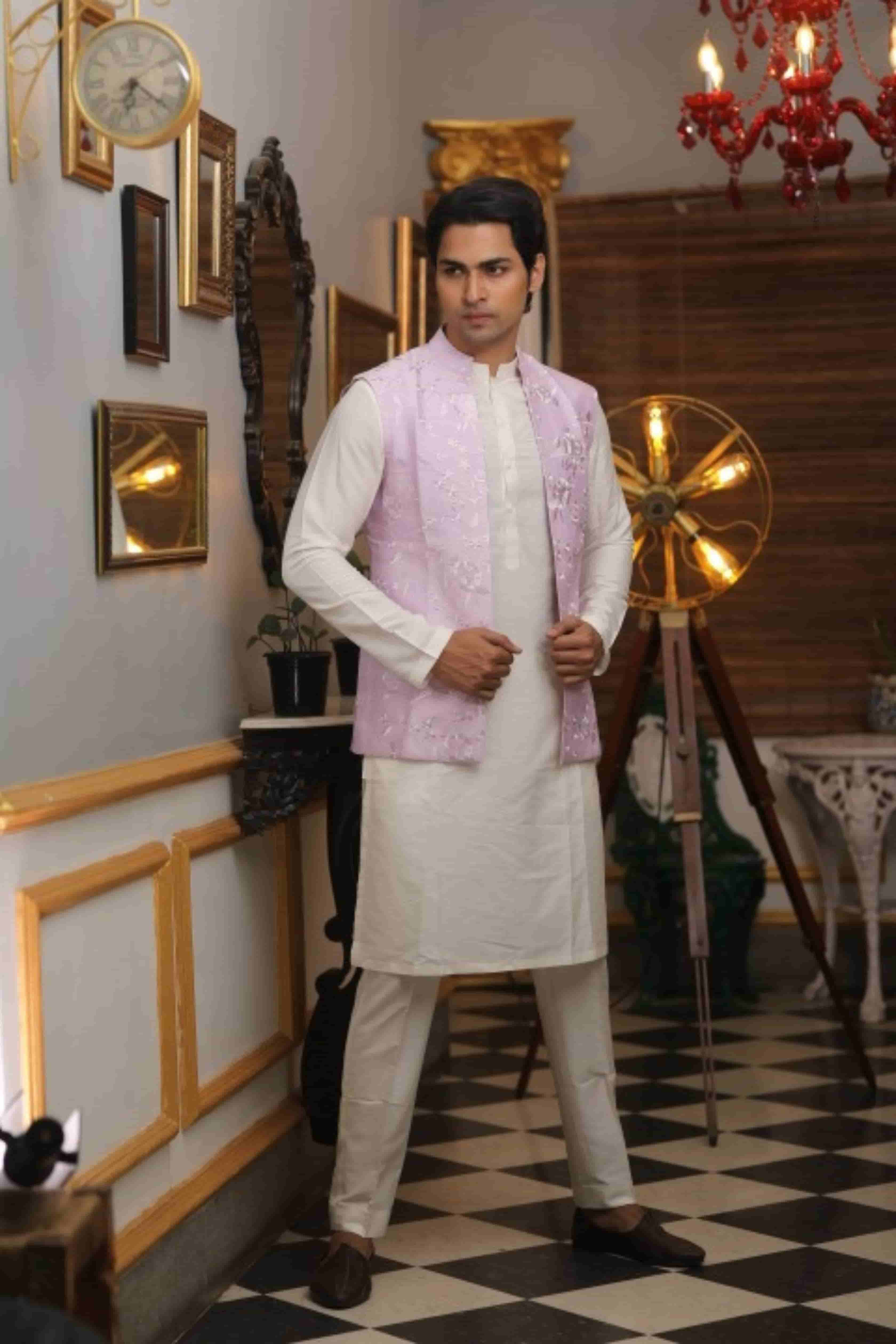 Ivory Katan Silk Kurta Set With Lavender Embroidered Jacket