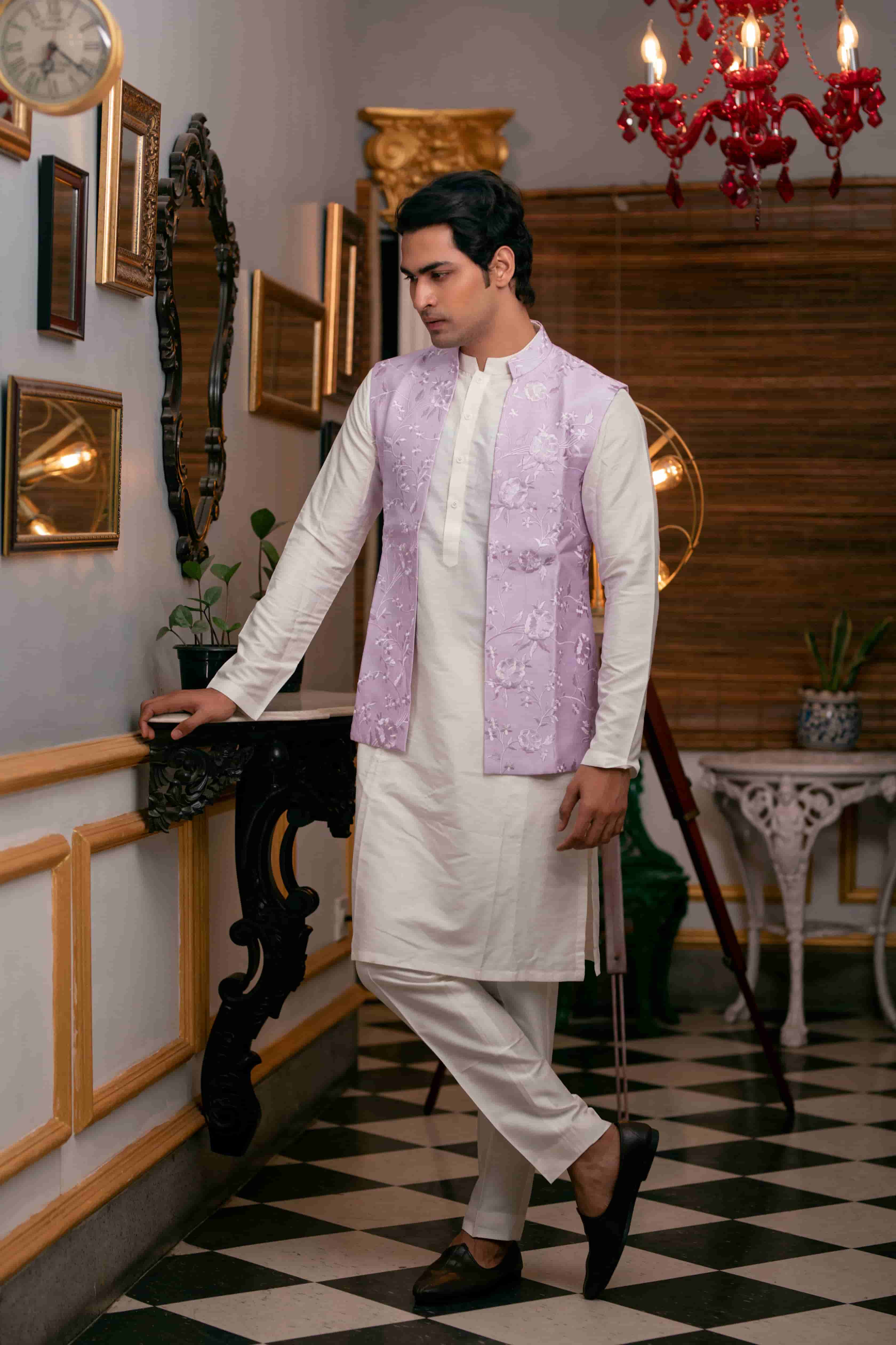 Ivory Katan Silk Kurta Set With Lavender Embroidered Jacket