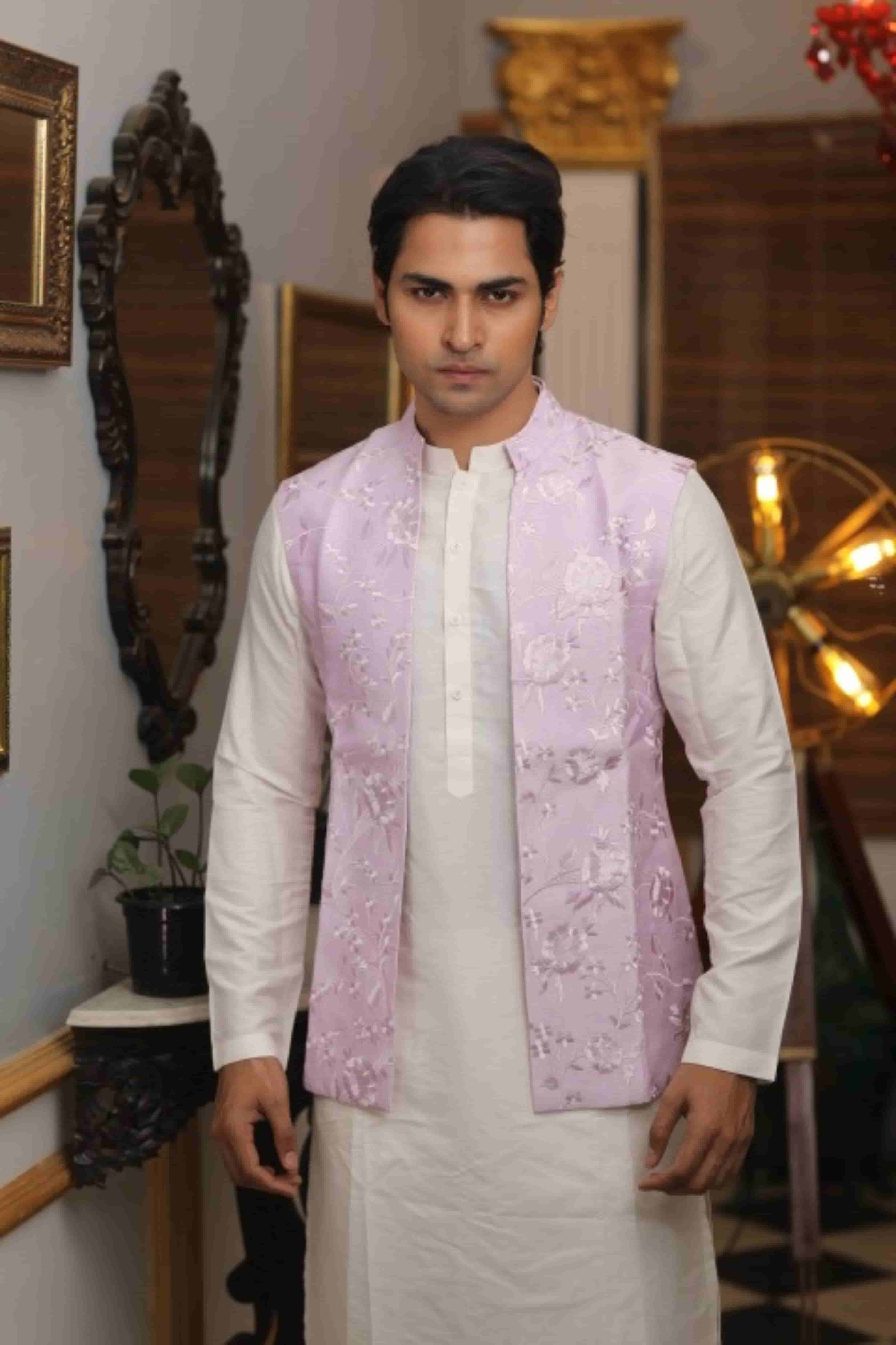 Ivory Katan Silk Kurta Set With Lavender Embroidered Jacket