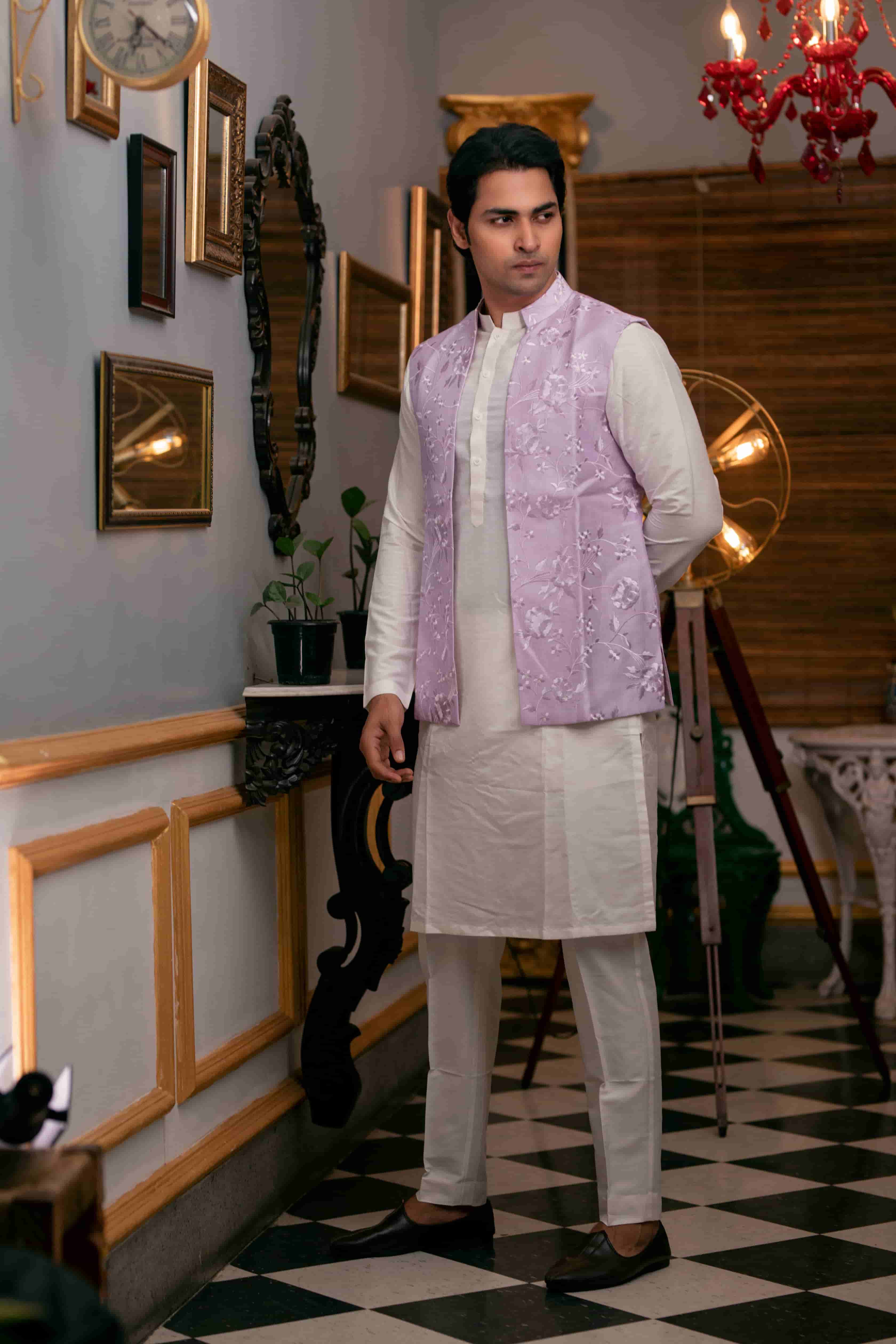 Ivory Katan Silk Kurta Set With Lavender Embroidered Jacket