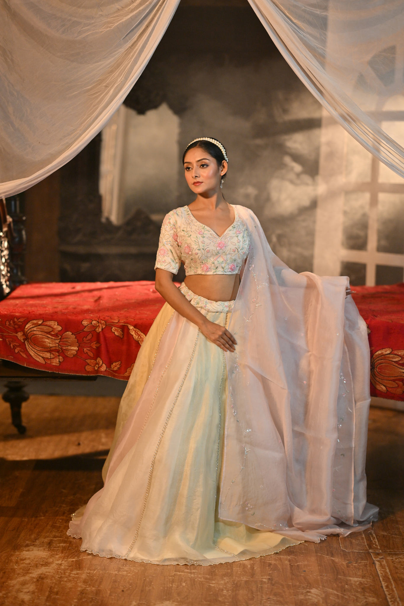 PASTEL GREEN, PASTEL YELLOW, PINK, OFF WHITE - LEHENGA WITH BUSTIER AND DUPATTA (Customize Request)