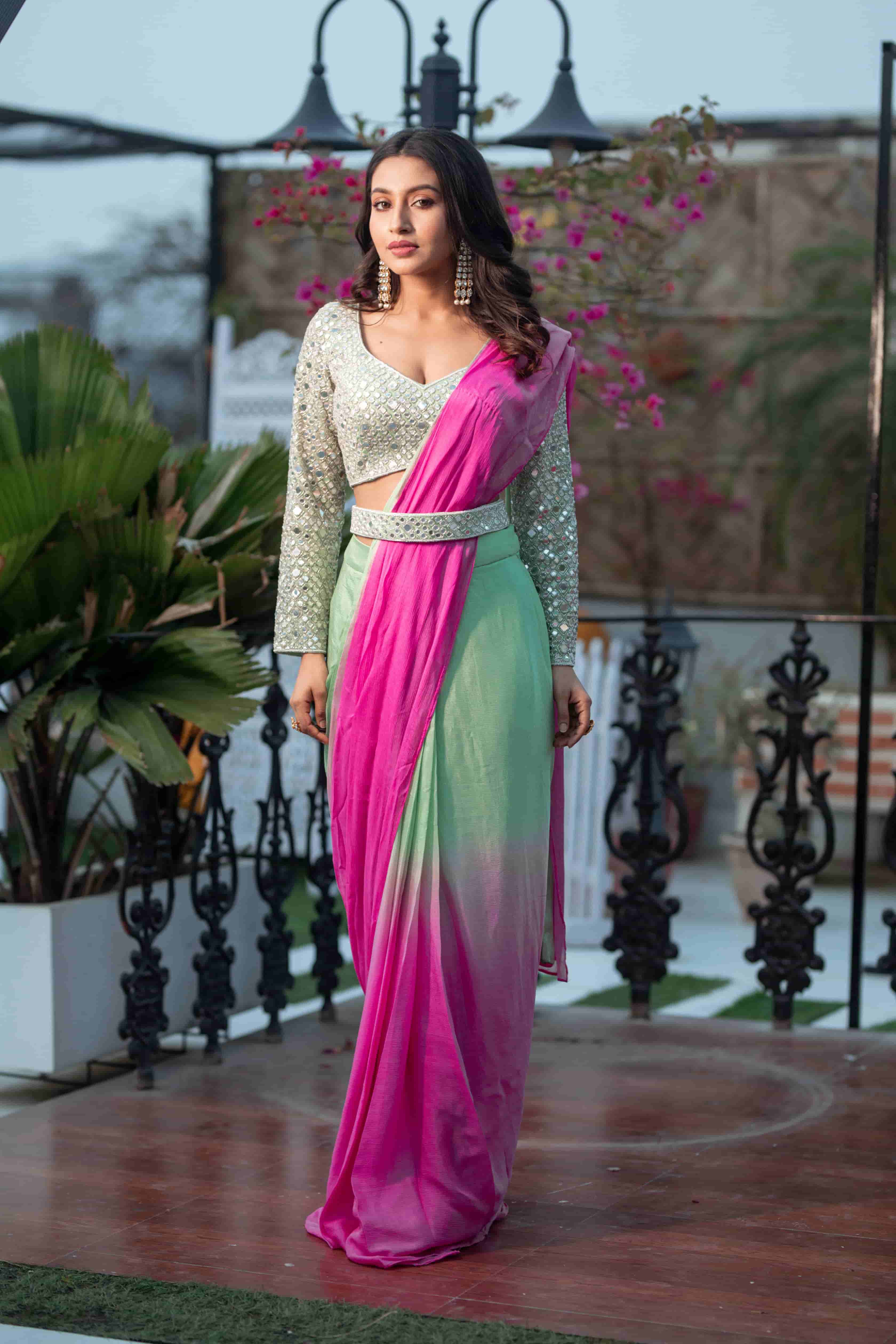 GREEN AND PINK OMBRE DRAPE SAREE